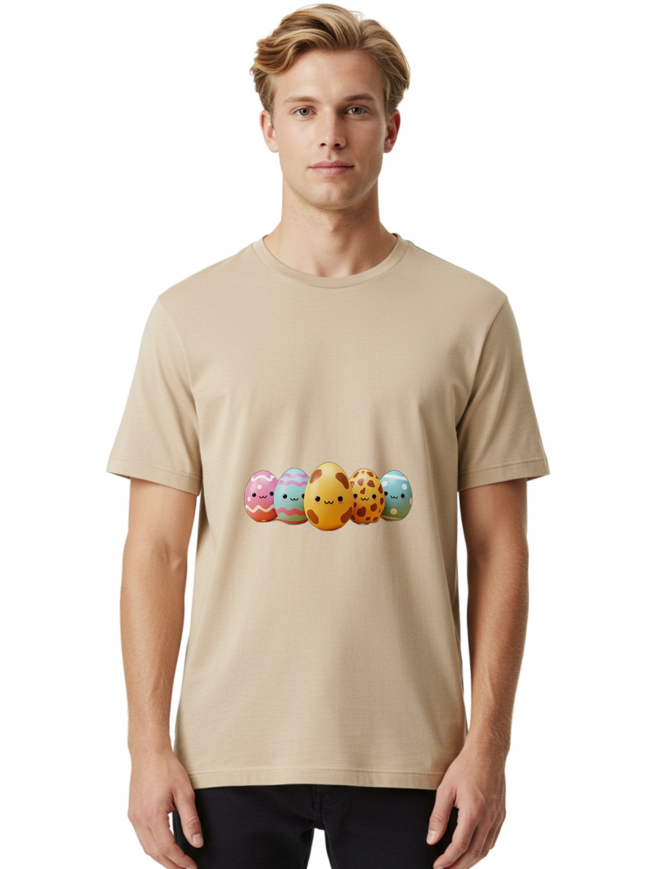 Smiling-Easter-Eggs Men'S Graphic Tee, 100% Cotton, Comfortable Casual Summer Wear, Machine Washable, Easter Eggs, Decorated Eggs, Colorful Eggs, Egg Designs, Spring Decoration, Easter Theme, Cartoon Eggs, Festive Eggs, Pastel Colors, Bab414 17