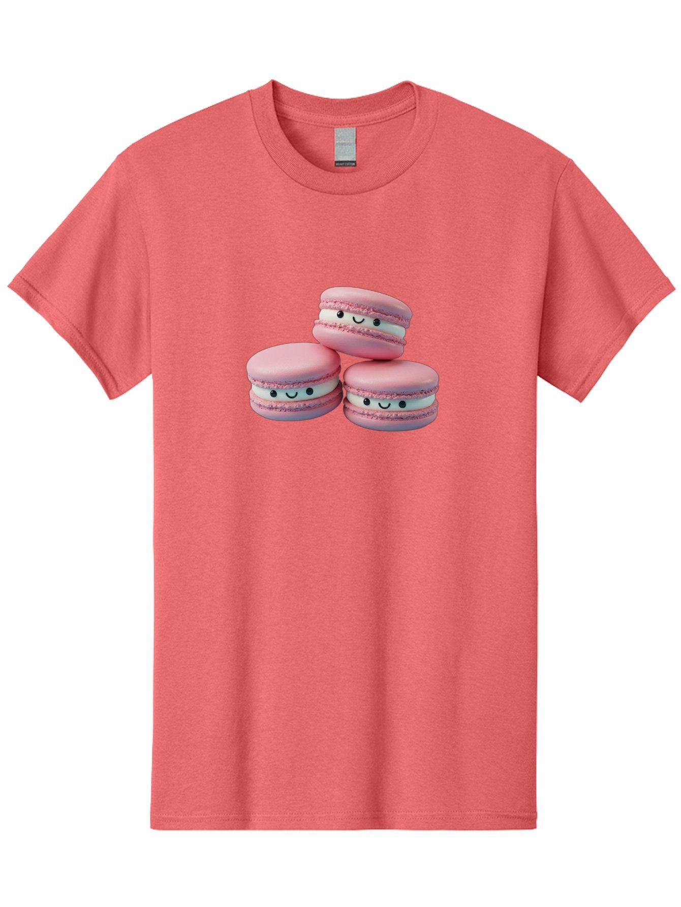 Smiling-Macarons-1 Men'S Graphic Tee, 100% Cotton, Comfortable Casual Summer Wear, Machine Washable, Pink Macarons, Smiley Faces, Cartoon Style, French Patisserie, Sweet Treats, Desserts, Bakery Items, Fun Food, Cute Pastries, Bab418