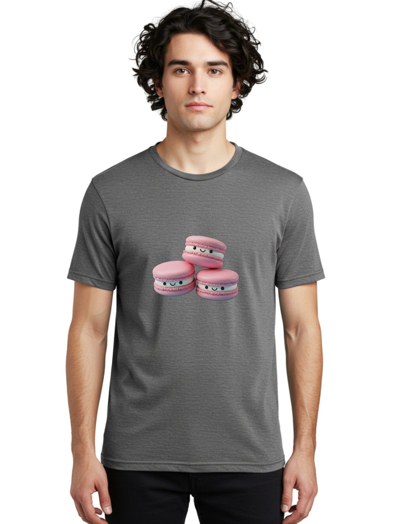 Smiling-Macarons-1 Men'S Graphic Tee, 100% Cotton, Comfortable Casual Summer Wear, Machine Washable, Pink Macarons, Smiley Faces, Cartoon Style, French Patisserie, Sweet Treats, Desserts, Bakery Items, Fun Food, Cute Pastries, Bab418 16