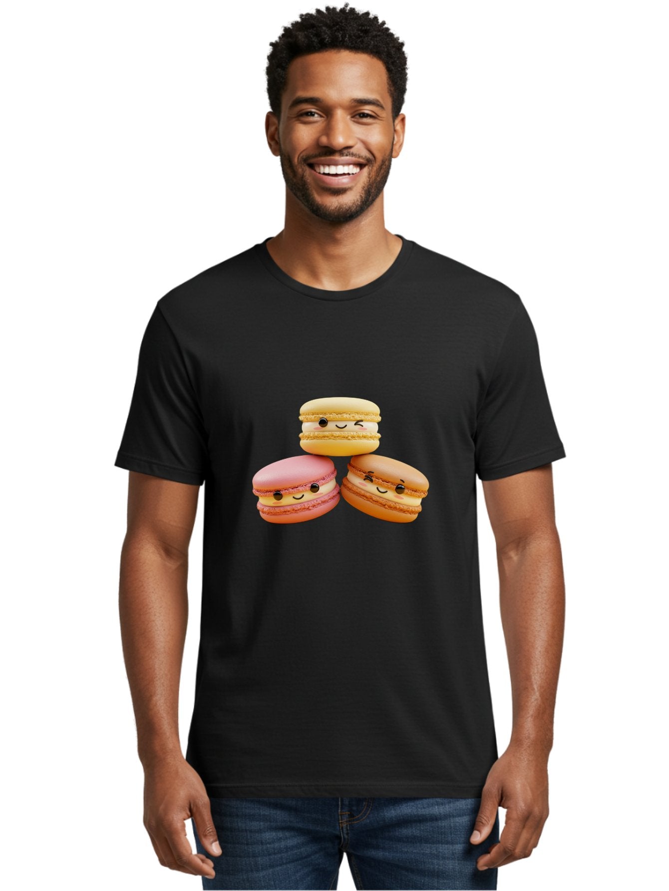 Smiling-Macarons-2 Men'S Graphic Tee, 100% Cotton, Comfortable Casual Summer Wear, Machine Washable, Colorful Macarons, Smiling Faces, Pastel Colors, Sweet Treats, Dessert, French Patisserie, Whimsical Design, Cute Pastries, Bakery Delights Bab419 20