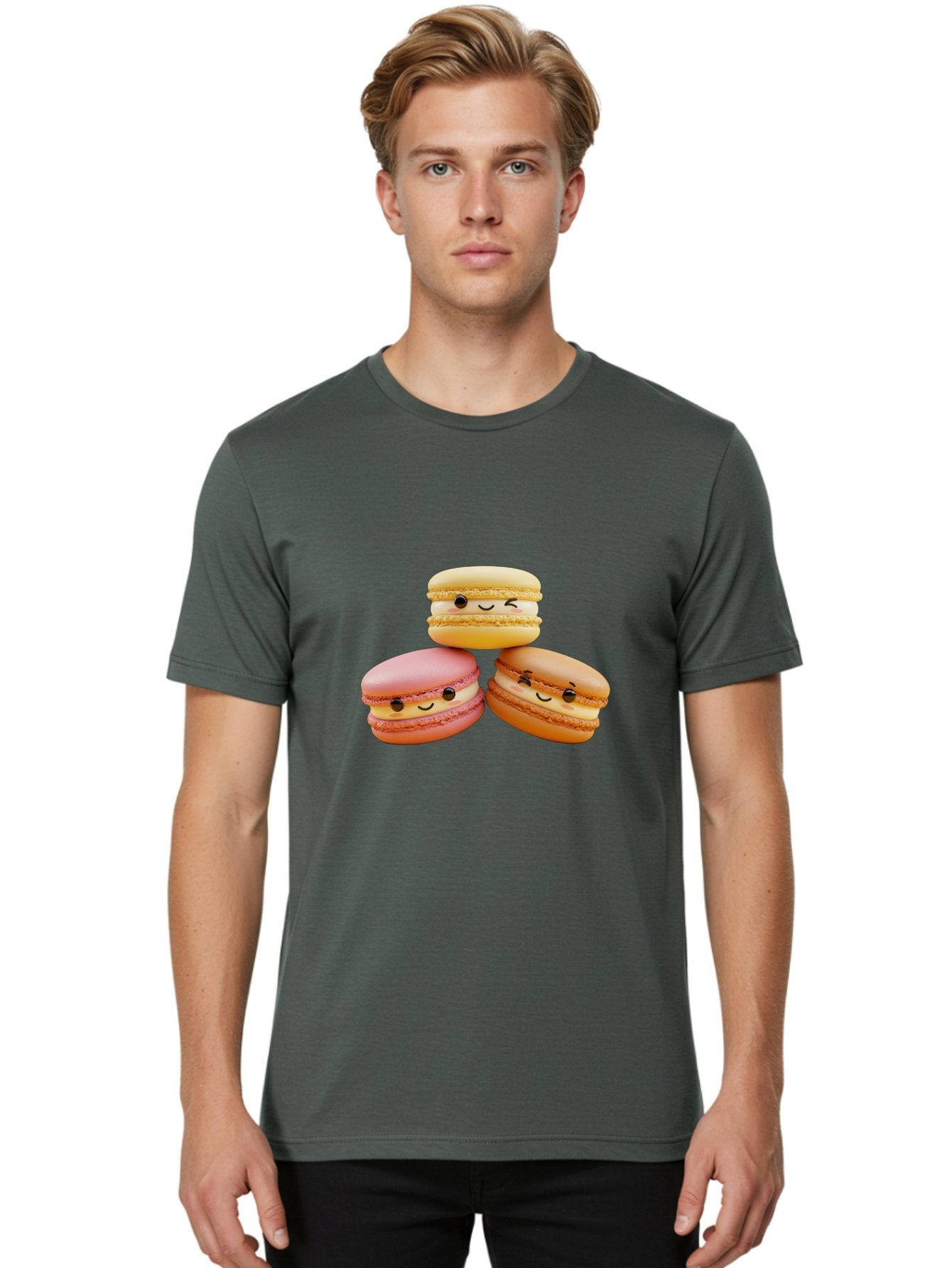 Smiling-Macarons-2 Men'S Graphic Tee, 100% Cotton, Comfortable Casual Summer Wear, Machine Washable, Colorful Macarons, Smiling Faces, Pastel Colors, Sweet Treats, Dessert, French Patisserie, Whimsical Design, Cute Pastries, Bakery Delights Bab419 25