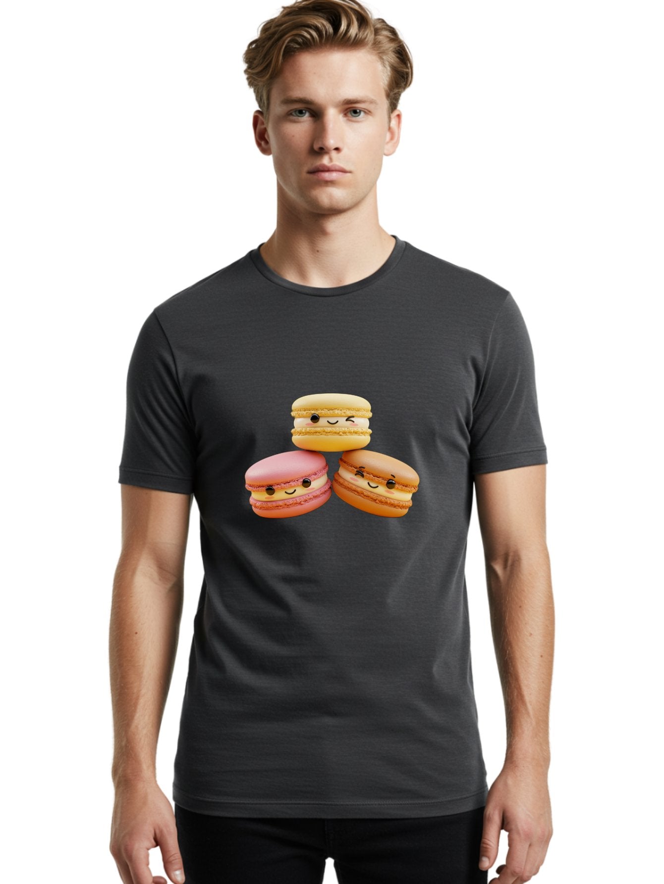 Smiling-Macarons-2 Men'S Graphic Tee, 100% Cotton, Comfortable Casual Summer Wear, Machine Washable, Colorful Macarons, Smiling Faces, Pastel Colors, Sweet Treats, Dessert, French Patisserie, Whimsical Design, Cute Pastries, Bakery Delights Bab419 24