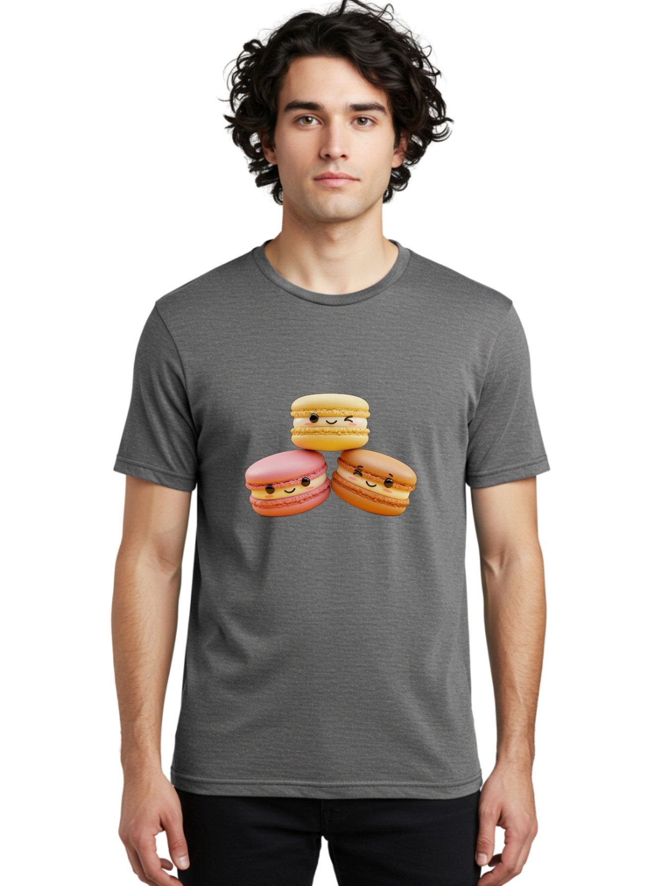 Smiling-Macarons-2 Men'S Graphic Tee, 100% Cotton, Comfortable Casual Summer Wear, Machine Washable, Colorful Macarons, Smiling Faces, Pastel Colors, Sweet Treats, Dessert, French Patisserie, Whimsical Design, Cute Pastries, Bakery Delights Bab419 27