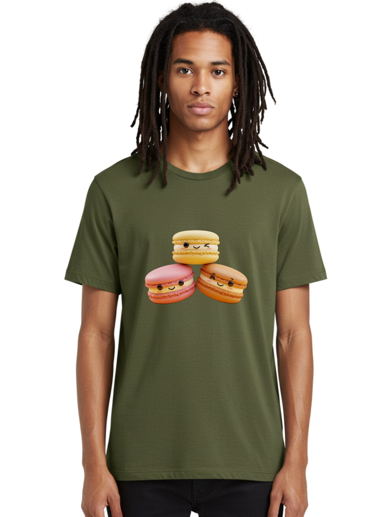 Smiling-Macarons-2 Men'S Graphic Tee, 100% Cotton, Comfortable Casual Summer Wear, Machine Washable, Colorful Macarons, Smiling Faces, Pastel Colors, Sweet Treats, Dessert, French Patisserie, Whimsical Design, Cute Pastries, Bakery Delights Bab419 26