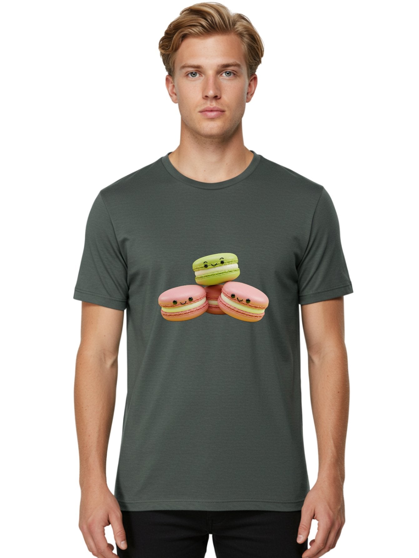 Smiling-Macarons-3 Men'S Graphic Tee, 100% Cotton, Comfortable Casual Summer Wear, Machine Washable, Pink And Green Macarons, French Dessert, Cute Emoticons, Smiley Faces, Sweet Treats, Pastel Colors, Dessert Photography Bab420 29