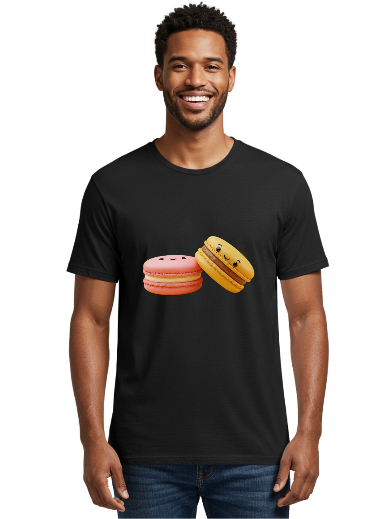 Smiling-Macarons-4 Men'S Graphic Tee, 100% Cotton, Comfortable Casual Summer Wear, Machine Washable, Pink Macaron, Smiling Face, Yellow Macaron, Winking Face, Chocolate Filling, Pastel Colors, Cute Desserts, Sweet Treats, French Patisserie, Bab421 19