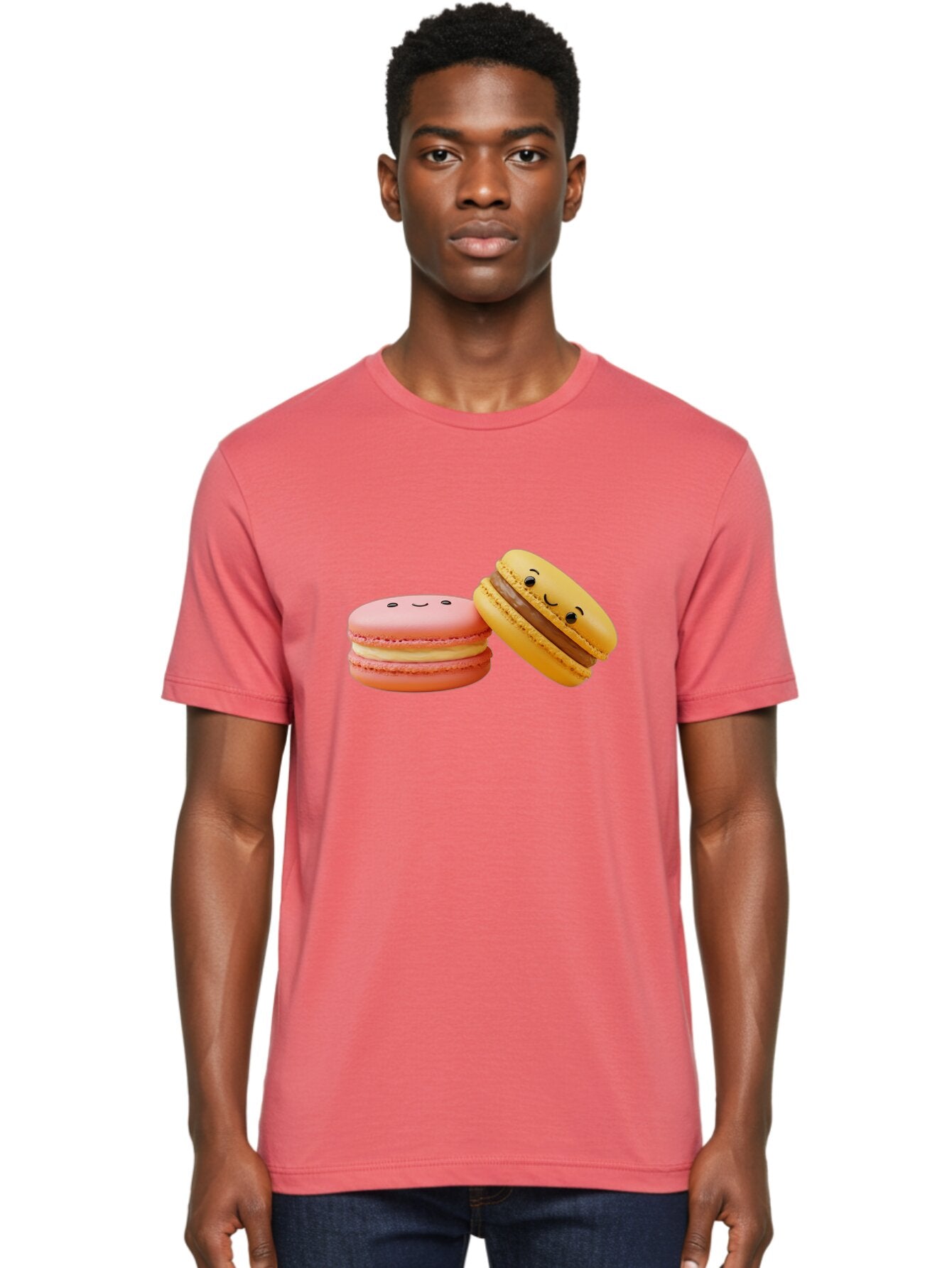 Smiling-Macarons-4 Men'S Graphic Tee, 100% Cotton, Comfortable Casual Summer Wear, Machine Washable, Pink Macaron, Smiling Face, Yellow Macaron, Winking Face, Chocolate Filling, Pastel Colors, Cute Desserts, Sweet Treats, French Patisserie, Bab421 20