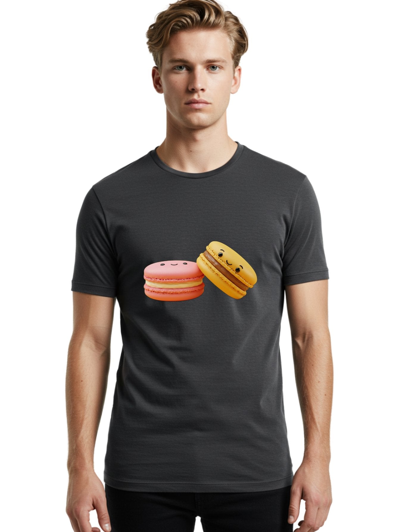 Smiling-Macarons-4 Men'S Graphic Tee, 100% Cotton, Comfortable Casual Summer Wear, Machine Washable, Pink Macaron, Smiling Face, Yellow Macaron, Winking Face, Chocolate Filling, Pastel Colors, Cute Desserts, Sweet Treats, French Patisserie, Bab421 24