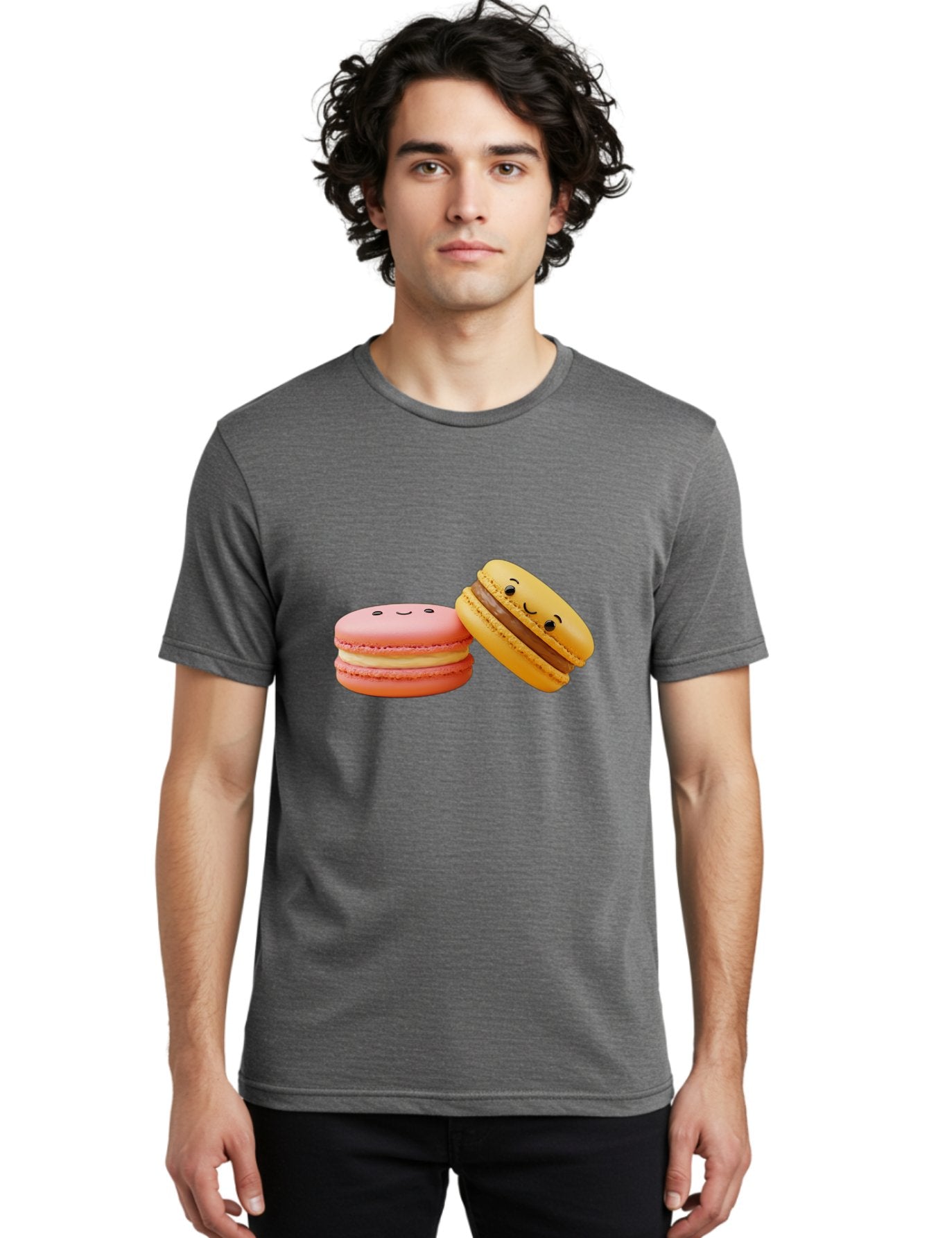 Smiling-Macarons-4 Men'S Graphic Tee, 100% Cotton, Comfortable Casual Summer Wear, Machine Washable, Pink Macaron, Smiling Face, Yellow Macaron, Winking Face, Chocolate Filling, Pastel Colors, Cute Desserts, Sweet Treats, French Patisserie, Bab421 29