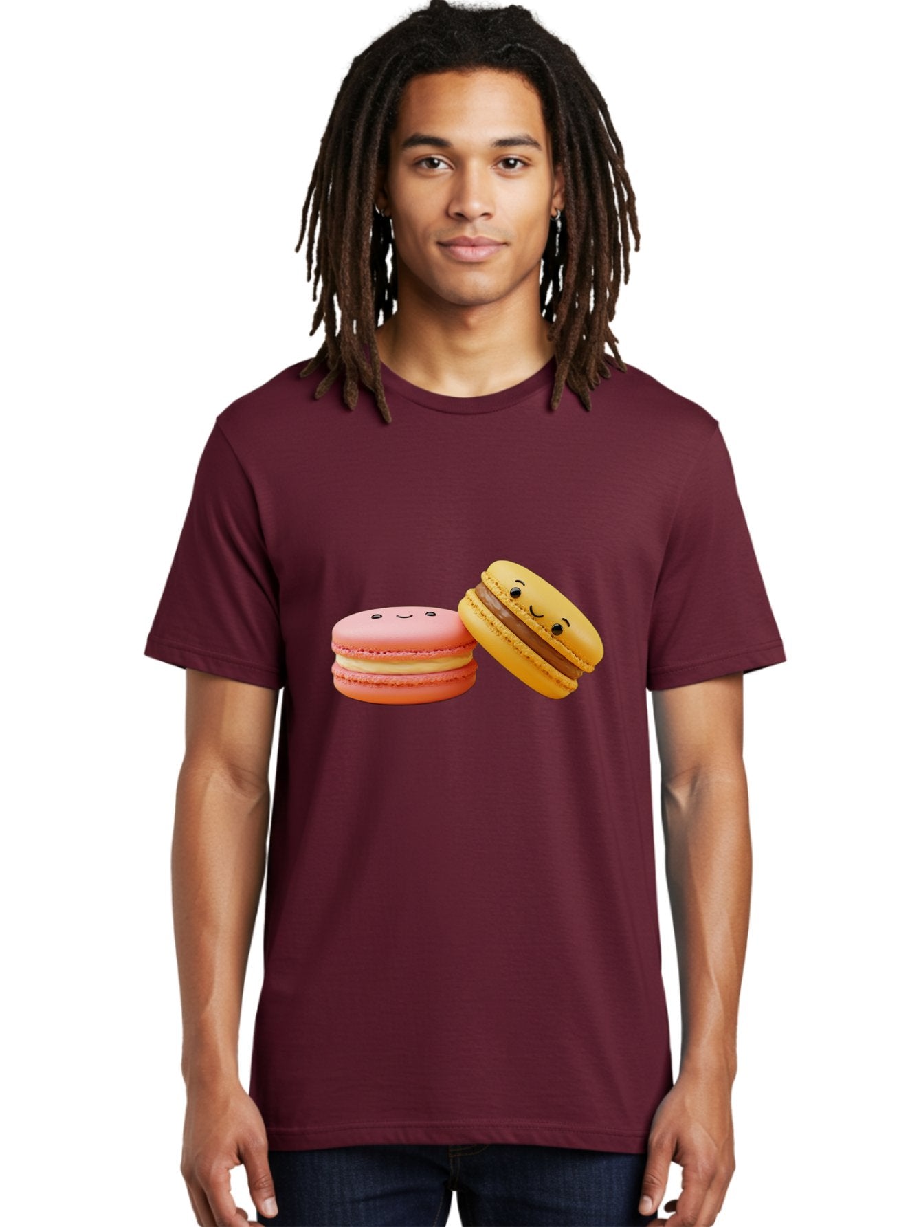 Smiling-Macarons-4 Men'S Graphic Tee, 100% Cotton, Comfortable Casual Summer Wear, Machine Washable, Pink Macaron, Smiling Face, Yellow Macaron, Winking Face, Chocolate Filling, Pastel Colors, Cute Desserts, Sweet Treats, French Patisserie, Bab421 30