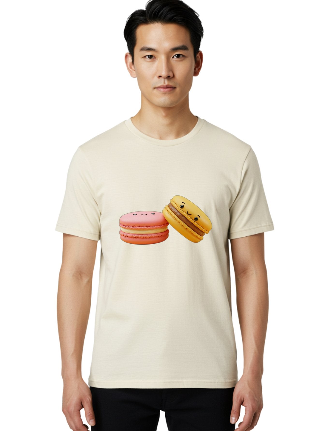 Smiling-Macarons-4 Men'S Graphic Tee, 100% Cotton, Comfortable Casual Summer Wear, Machine Washable, Pink Macaron, Smiling Face, Yellow Macaron, Winking Face, Chocolate Filling, Pastel Colors, Cute Desserts, Sweet Treats, French Patisserie, Bab421 16