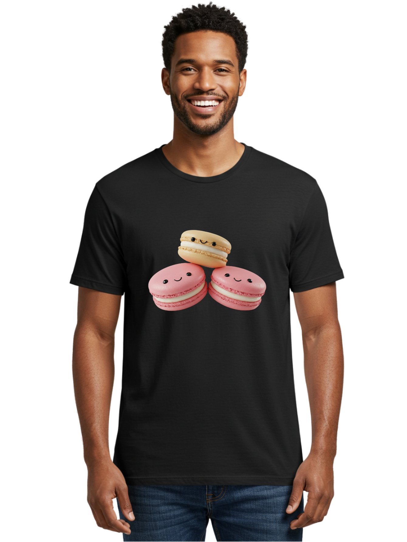Smiling-Macarons-5 Men'S Graphic Tee, 100% Cotton, Comfortable Casual Summer Wear, Machine Washable, Pink Macarons, Smiling Face, Cute Desserts, French Pastries, White Filling, Beige Macaron, Adorable Treats, Sweet Delights, Happy Faces, Bab422 17