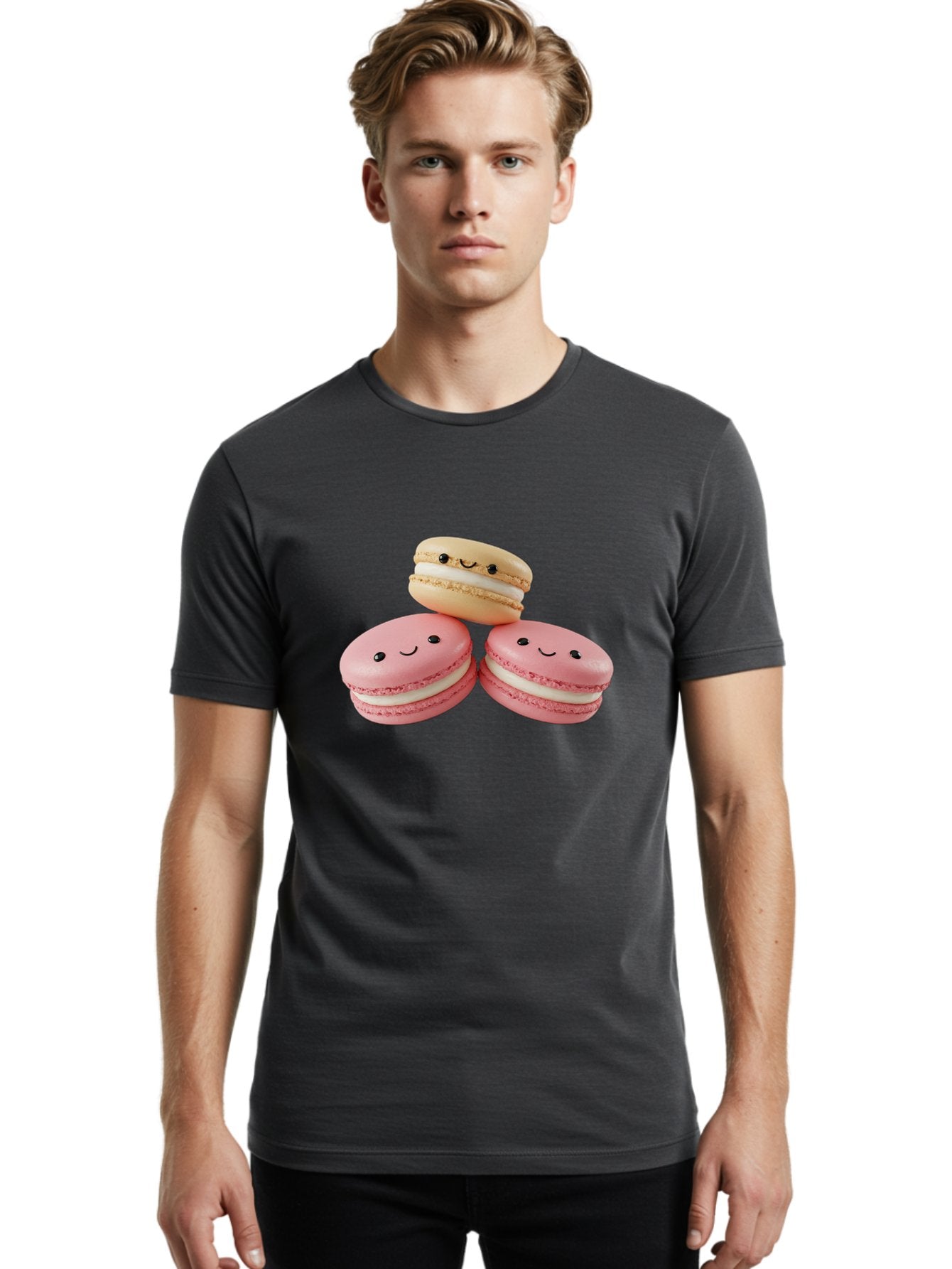 Smiling-Macarons-5 Men'S Graphic Tee, 100% Cotton, Comfortable Casual Summer Wear, Machine Washable, Pink Macarons, Smiling Face, Cute Desserts, French Pastries, White Filling, Beige Macaron, Adorable Treats, Sweet Delights, Happy Faces, Bab422 28