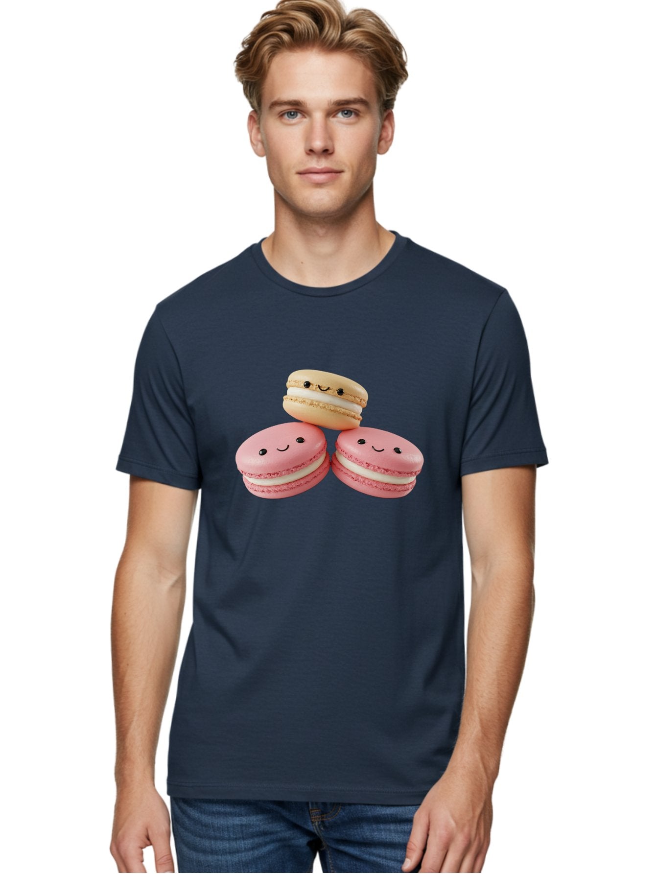 Smiling-Macarons-5 Men'S Graphic Tee, 100% Cotton, Comfortable Casual Summer Wear, Machine Washable, Pink Macarons, Smiling Face, Cute Desserts, French Pastries, White Filling, Beige Macaron, Adorable Treats, Sweet Delights, Happy Faces, Bab422 23