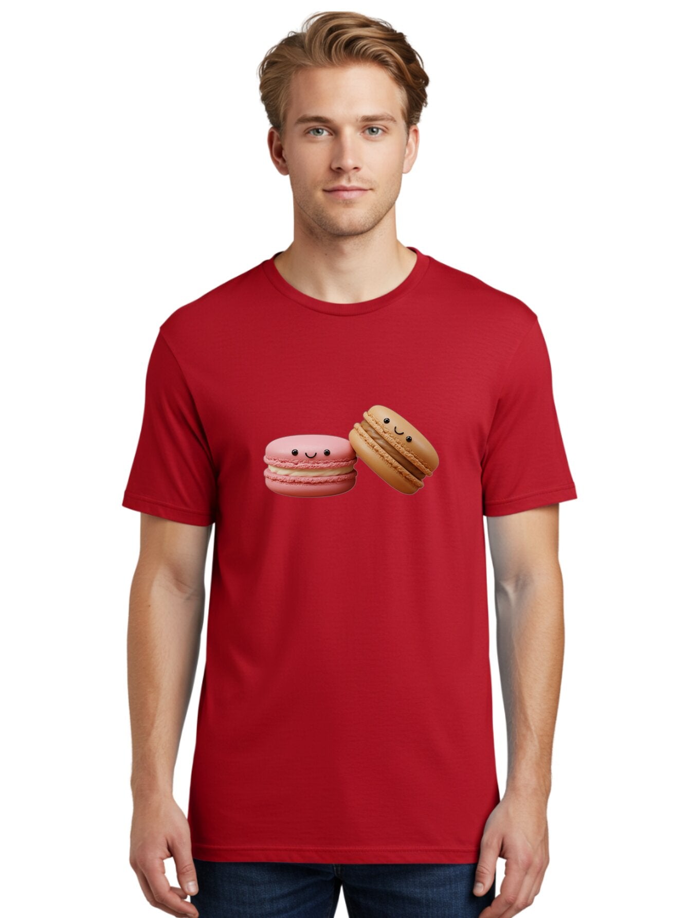 Smiling-Macarons-6 Men'S Graphic Tee, 100% Cotton, Comfortable Casual Summer Wear, Machine Washable, Pink Macaron, Beige Macaron, French Dessert, Sweet Treats, Smiling Faces, Cute Pastries, Delicious Macarons, Bakery Delights Bab423 17