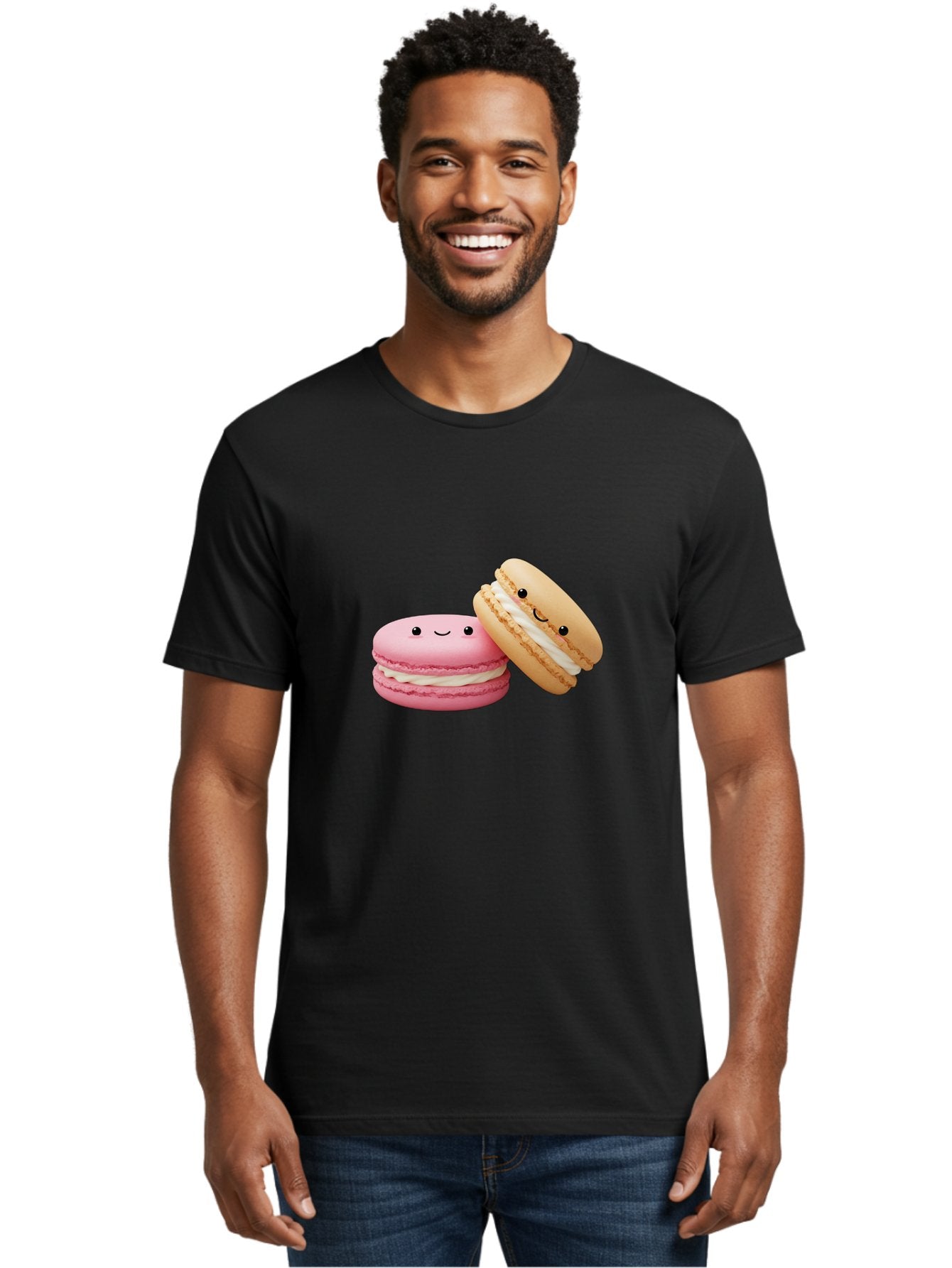 Smiling-Macarons Men'S Graphic Tee, 100% Cotton, Comfortable Casual Summer Wear, Machine Washable, Pink Macaron, Beige Macaron, Smiling Faces, Cute Desserts, White Filling, Adorable Treats, French Pastries, Sweet Delights Bab424 17