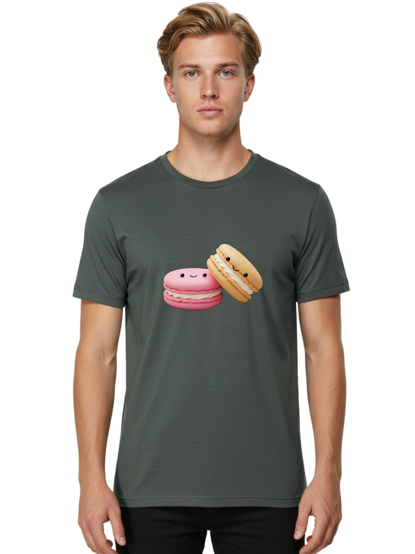 Smiling-Macarons Men'S Graphic Tee, 100% Cotton, Comfortable Casual Summer Wear, Machine Washable, Pink Macaron, Beige Macaron, Smiling Faces, Cute Desserts, White Filling, Adorable Treats, French Pastries, Sweet Delights Bab424 26