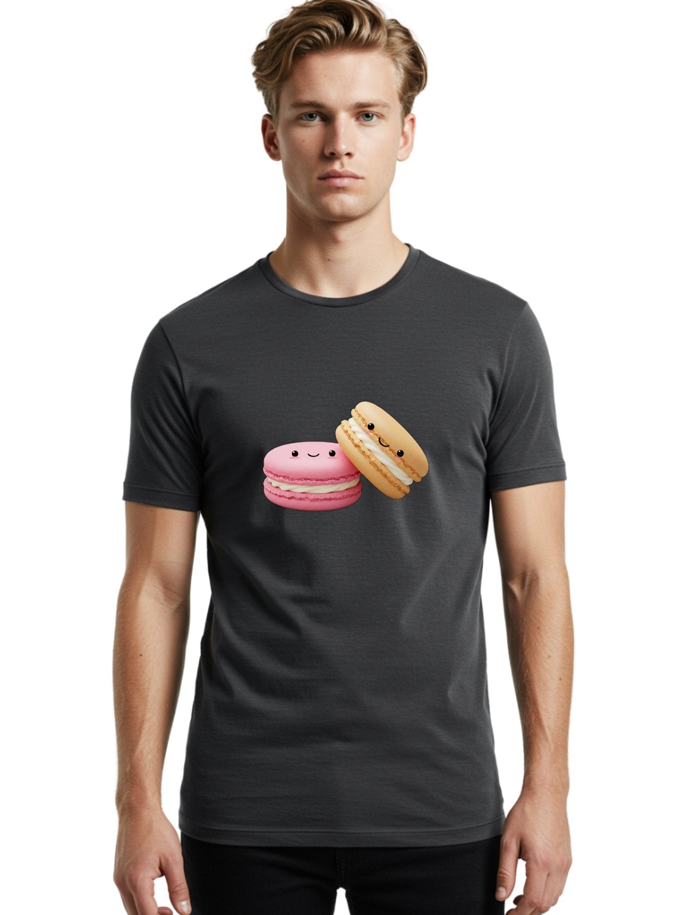 Smiling-Macarons Men'S Graphic Tee, 100% Cotton, Comfortable Casual Summer Wear, Machine Washable, Pink Macaron, Beige Macaron, Smiling Faces, Cute Desserts, White Filling, Adorable Treats, French Pastries, Sweet Delights Bab424 25