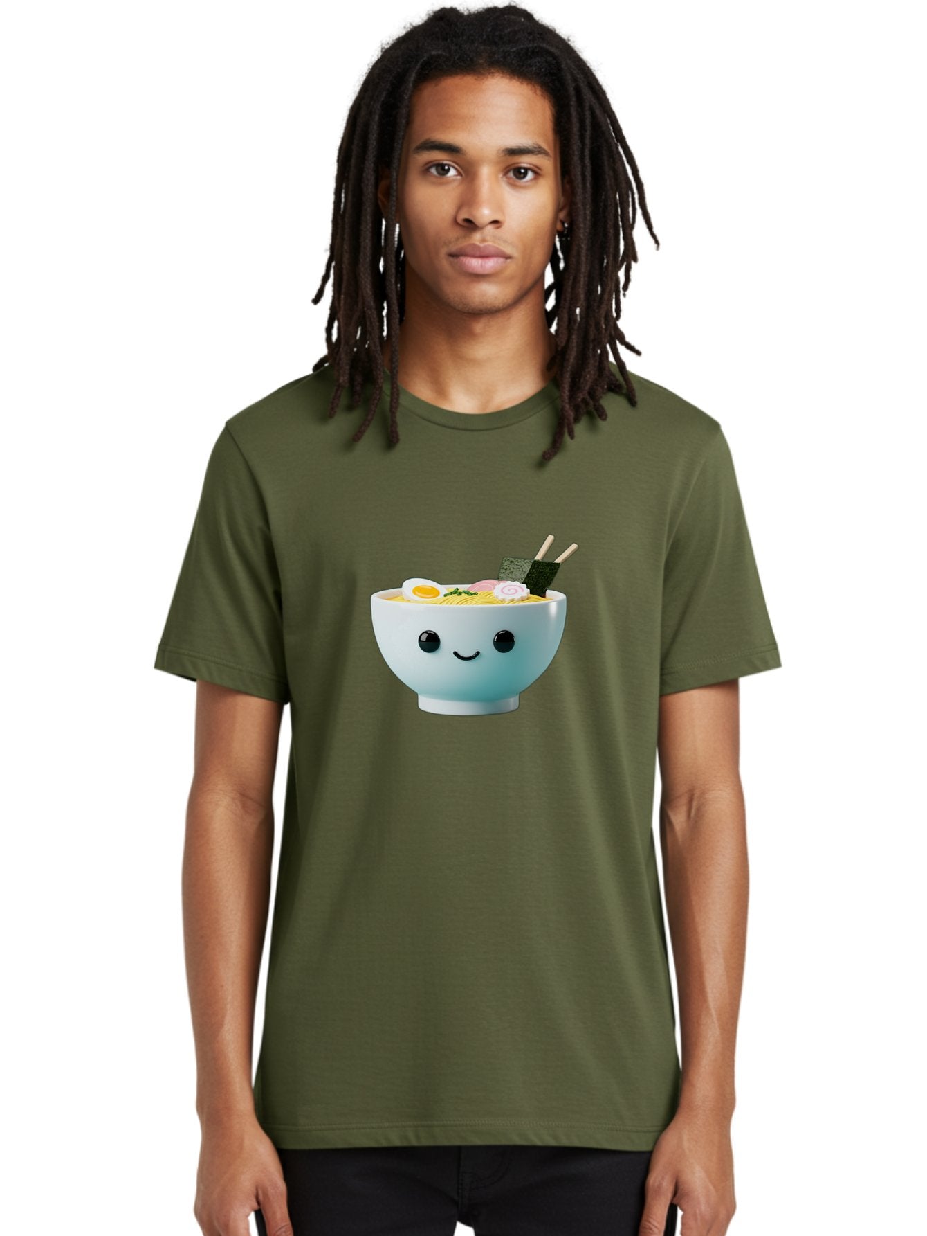 Smiling-Ramen-Bowl Men'S Graphic Tee, 100% Cotton, Comfortable Casual Summer Wear, Machine Washable, Steaming Bowl Of Ramen, Japanese Cuisine, Kawaii Food, Cartoon Character, Noodle Soup, Boiled Egg, Seaweed, Chopsticks, Smiling Face, Bab426 25