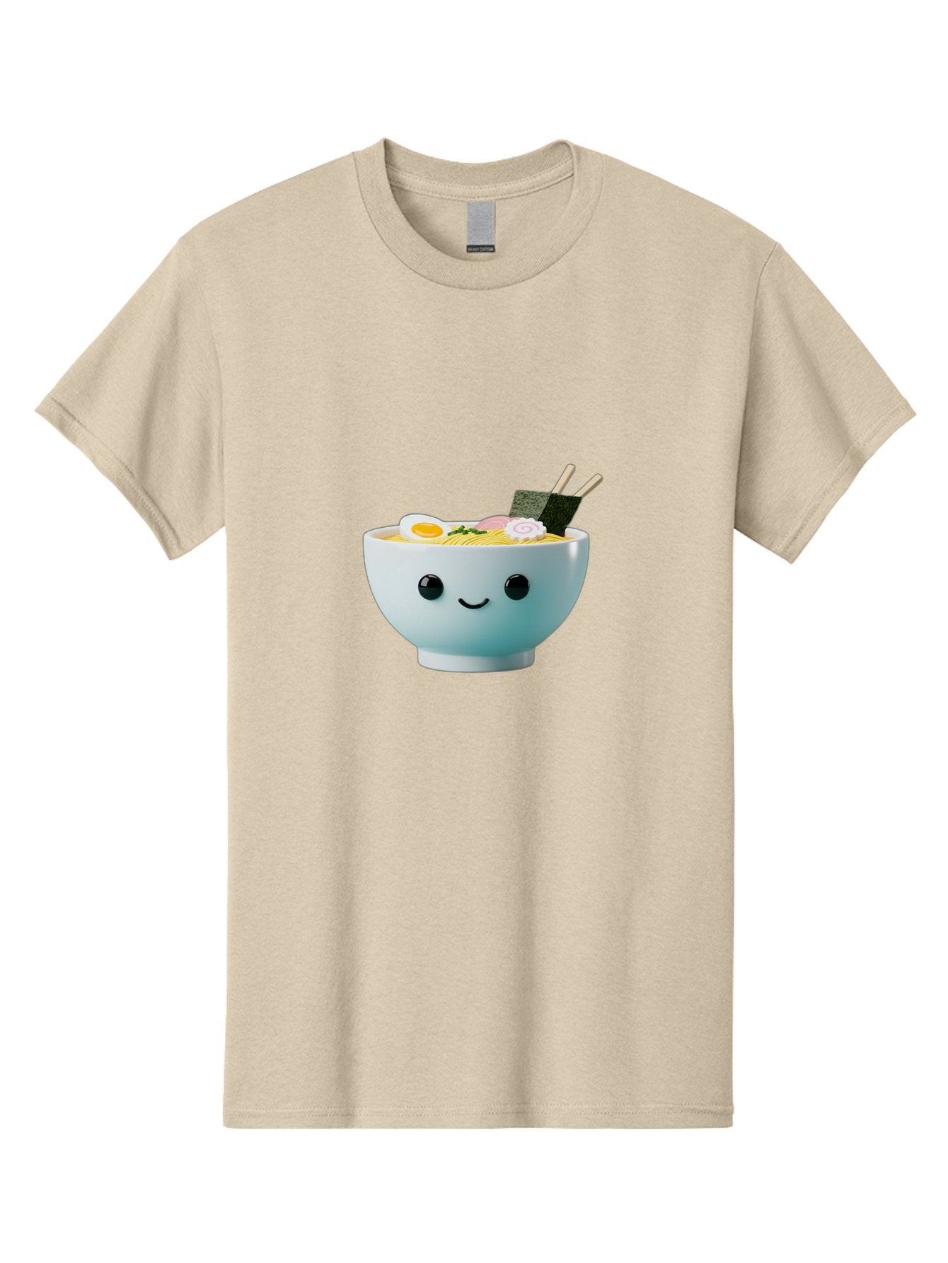 Smiling-Ramen-Bowl Men'S Graphic Tee, 100% Cotton, Comfortable Casual Summer Wear, Machine Washable, Steaming Bowl Of Ramen, Japanese Cuisine, Kawaii Food, Cartoon Character, Noodle Soup, Boiled Egg, Seaweed, Chopsticks, Smiling Face, Bab426