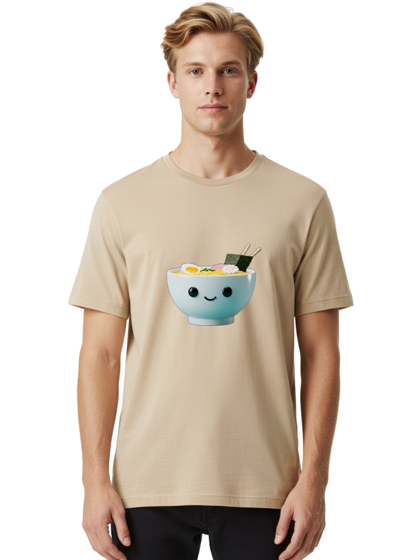 Smiling-Ramen-Bowl Men'S Graphic Tee, 100% Cotton, Comfortable Casual Summer Wear, Machine Washable, Steaming Bowl Of Ramen, Japanese Cuisine, Kawaii Food, Cartoon Character, Noodle Soup, Boiled Egg, Seaweed, Chopsticks, Smiling Face, Bab426 19