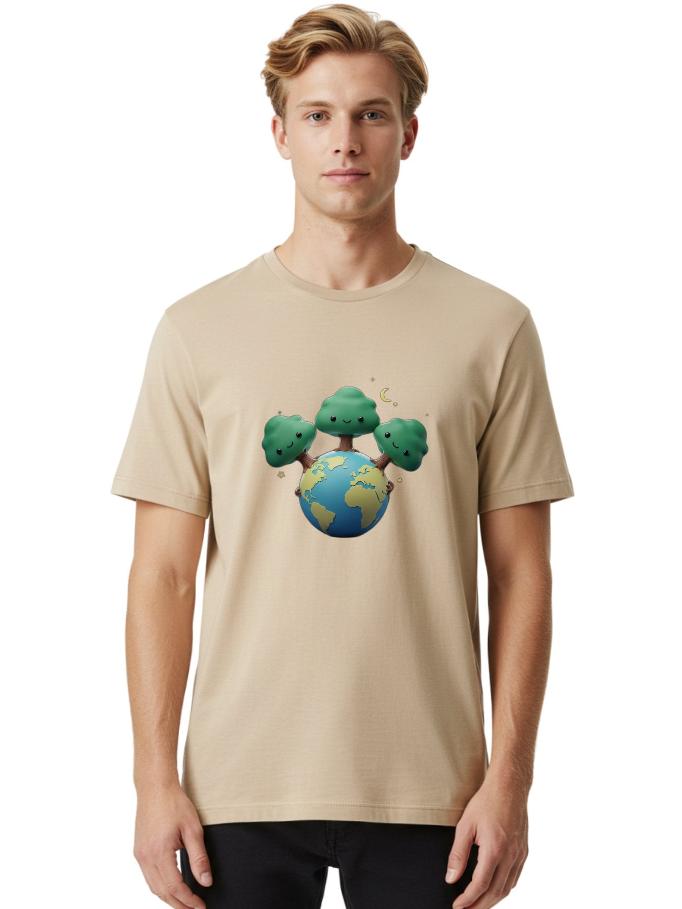Smiling-Trees-Hugging-Earth Men'S Graphic Tee, 100% Cotton, Comfortable Casual Summer Wear, Machine Washable, Earth With Smiling Trees, Eco-Friendly, Environmental Awareness, Conservation, Sustainable Living, Cartoon Globe, Happy Planet, Bab427 19