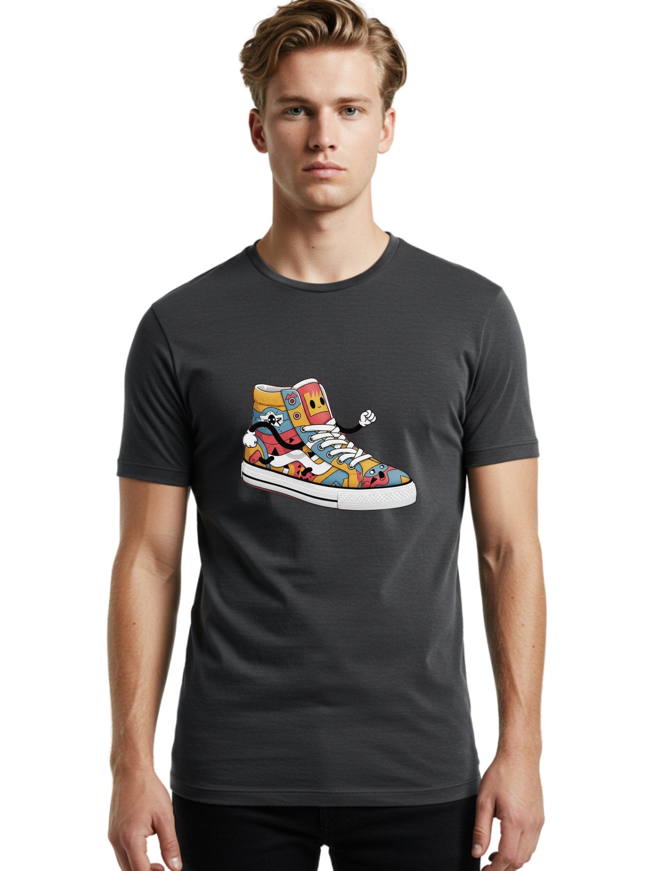 Sneaker Men'S Graphic Tee, 100% Cotton, Comfortable Casual Summer Wear, Machine Washable, Sneaker With Emojis, Cartoon Shoe, Colorful Footwear, Playful Design, Funky Style, Emoji Fashion, Streetwear, Animated Sneaker, Vibrant Colors Bab430 19