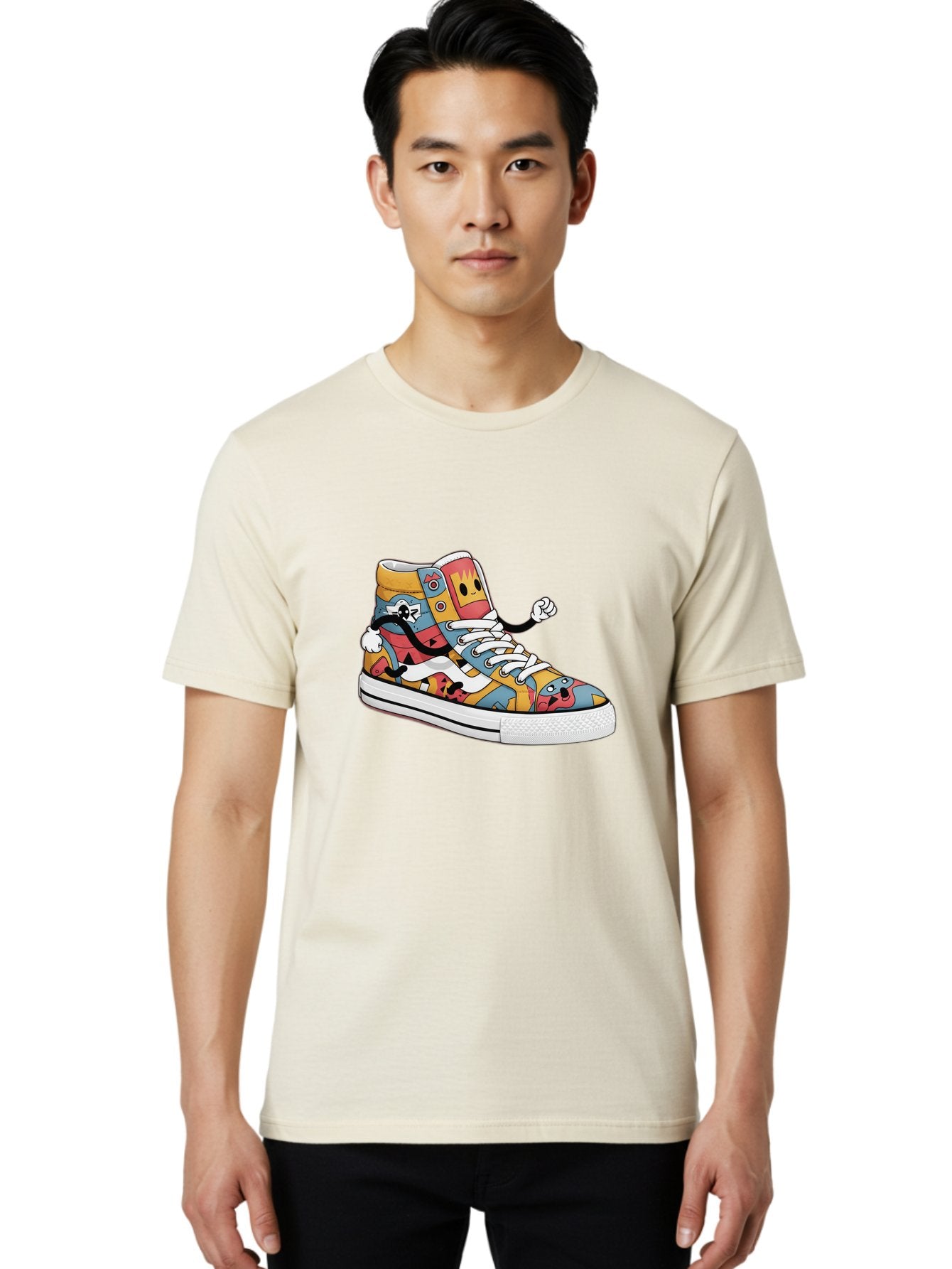 Sneaker Men'S Graphic Tee, 100% Cotton, Comfortable Casual Summer Wear, Machine Washable, Sneaker With Emojis, Cartoon Shoe, Colorful Footwear, Playful Design, Funky Style, Emoji Fashion, Streetwear, Animated Sneaker, Vibrant Colors Bab430 22