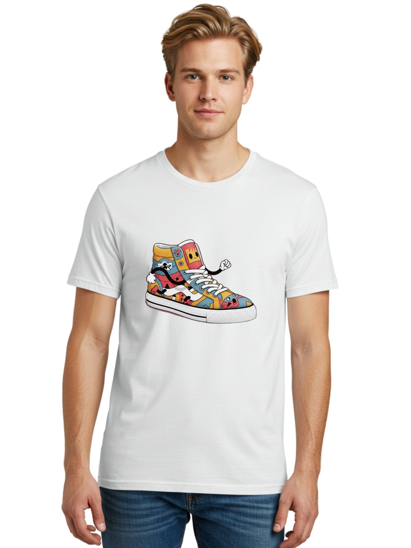 Sneaker Men'S Graphic Tee, 100% Cotton, Comfortable Casual Summer Wear, Machine Washable, Sneaker With Emojis, Cartoon Shoe, Colorful Footwear, Playful Design, Funky Style, Emoji Fashion, Streetwear, Animated Sneaker, Vibrant Colors Bab430 30