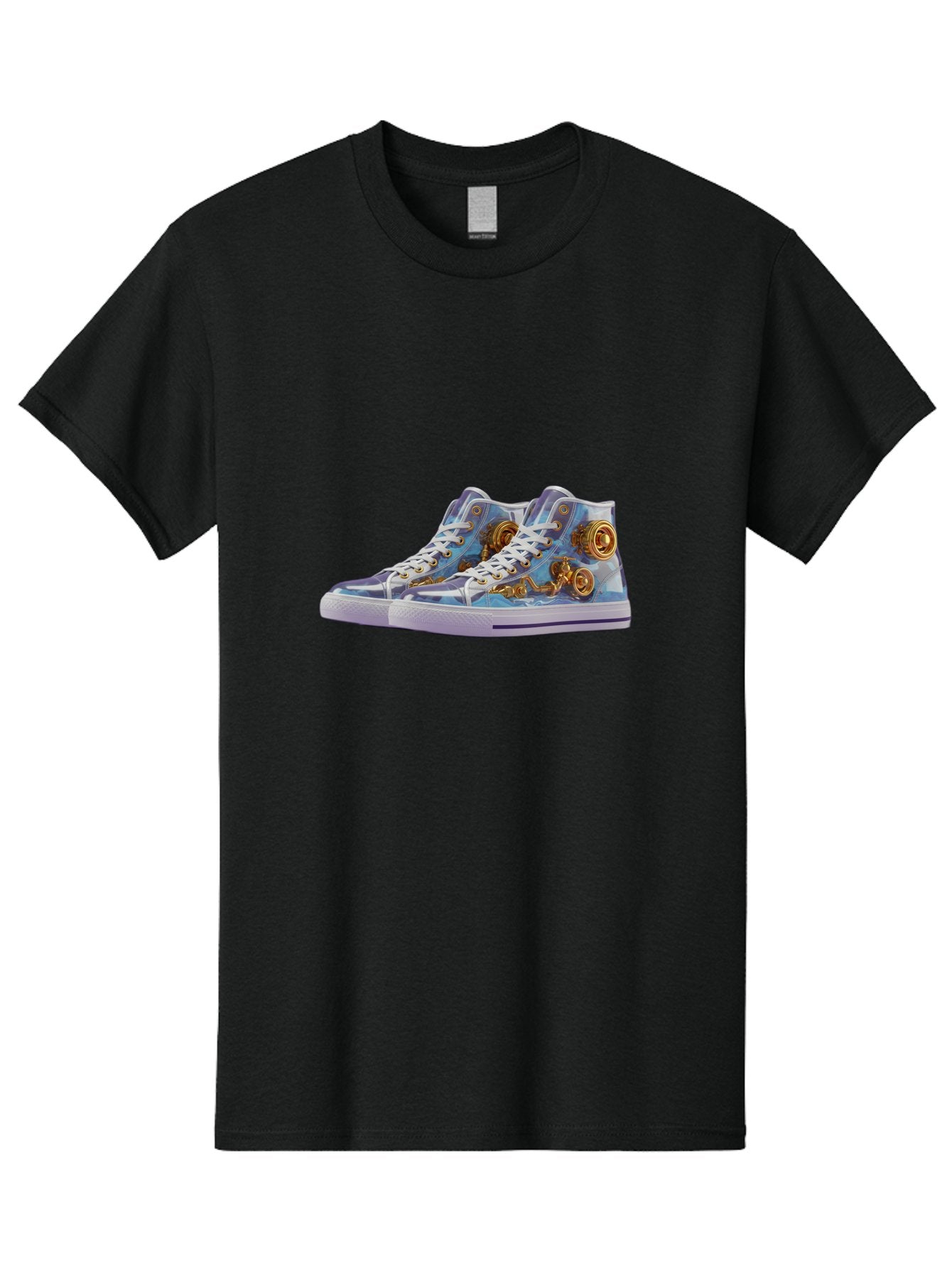 Sneakers-With-Gear-Pattern Men'S Graphic Tee, 100% Cotton, Comfortable Casual Summer Wear, Machine Washable, High-Top Sneakers, Blue And Purple Swirl, Gold Gears, Mechanical Design, White Laces, Fashion Footwear, Statement Shoes, Streetwear, Bab431 10