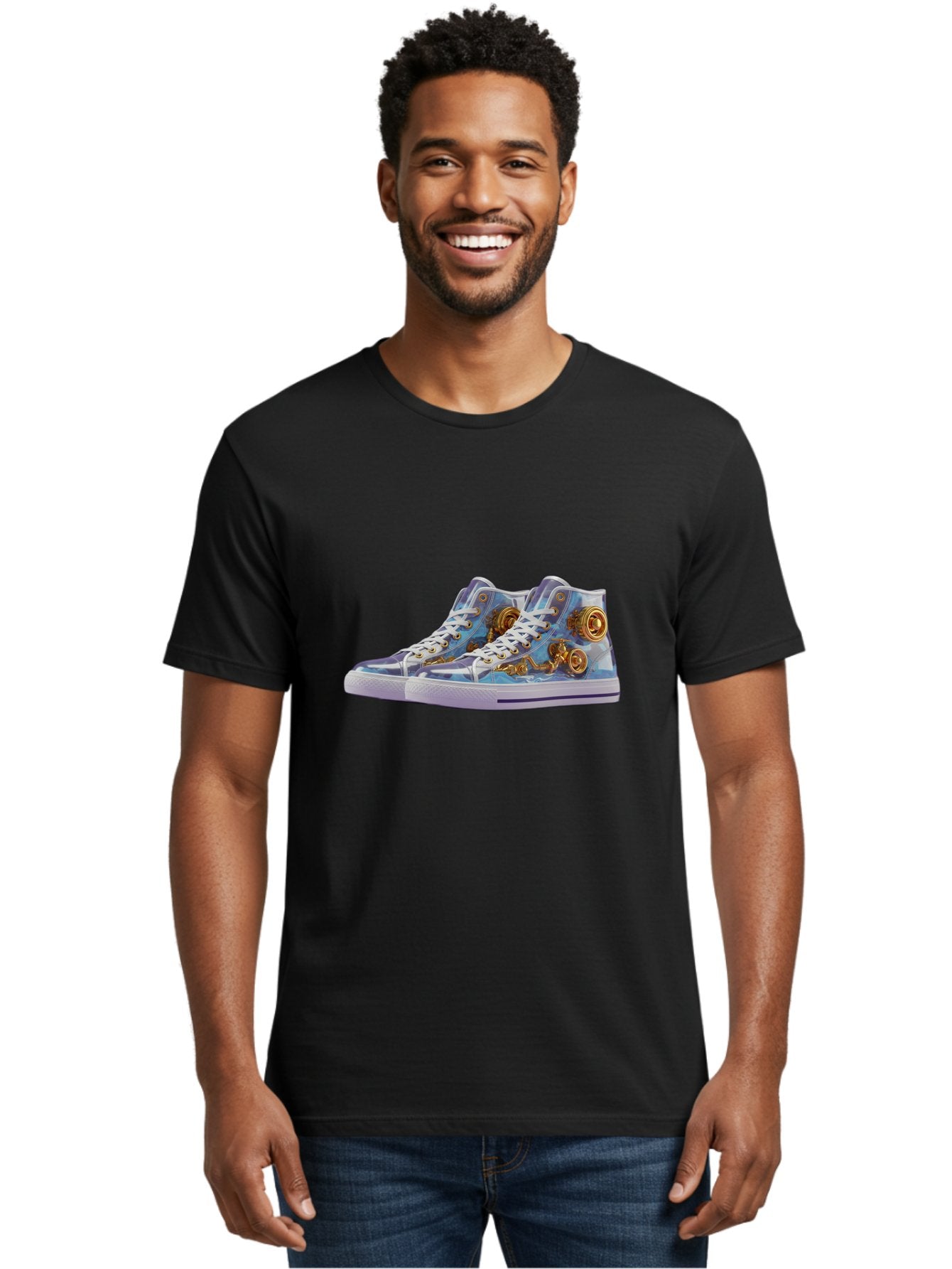 Sneakers-With-Gear-Pattern Men'S Graphic Tee, 100% Cotton, Comfortable Casual Summer Wear, Machine Washable, High-Top Sneakers, Blue And Purple Swirl, Gold Gears, Mechanical Design, White Laces, Fashion Footwear, Statement Shoes, Streetwear, Bab431 17