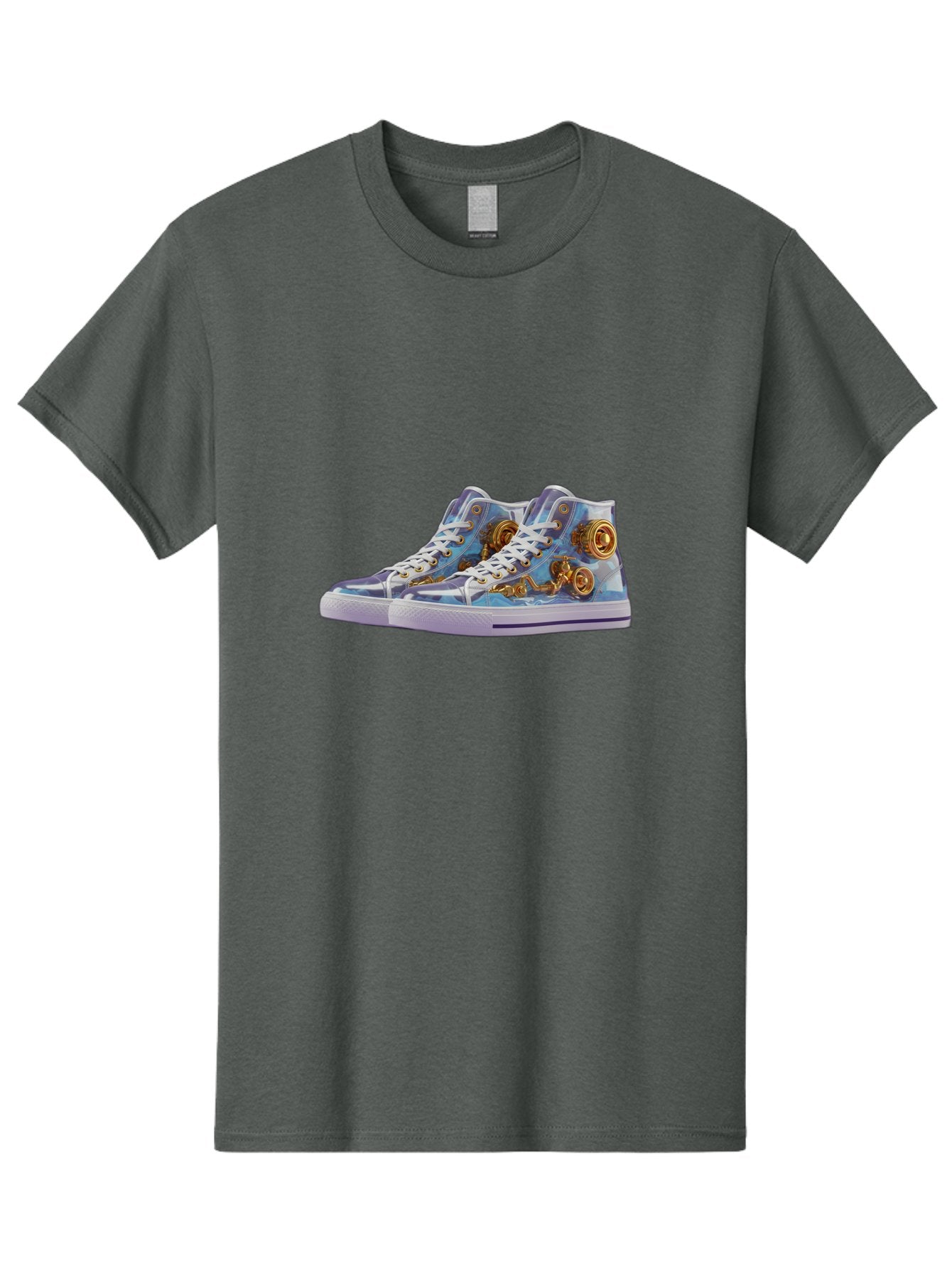 Sneakers-With-Gear-Pattern Men'S Graphic Tee, 100% Cotton, Comfortable Casual Summer Wear, Machine Washable, High-Top Sneakers, Blue And Purple Swirl, Gold Gears, Mechanical Design, White Laces, Fashion Footwear, Statement Shoes, Streetwear, Bab431 14