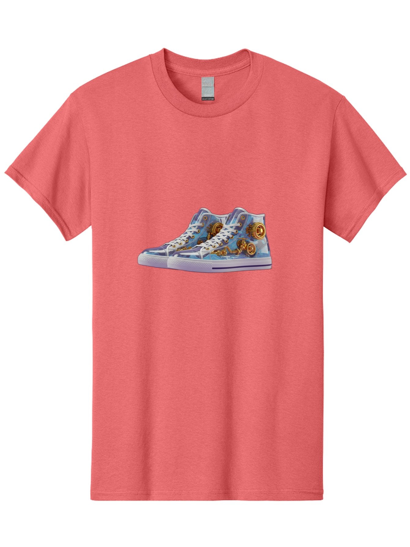 Sneakers-With-Gear-Pattern Men'S Graphic Tee, 100% Cotton, Comfortable Casual Summer Wear, Machine Washable, High-Top Sneakers, Blue And Purple Swirl, Gold Gears, Mechanical Design, White Laces, Fashion Footwear, Statement Shoes, Streetwear, Bab431 9