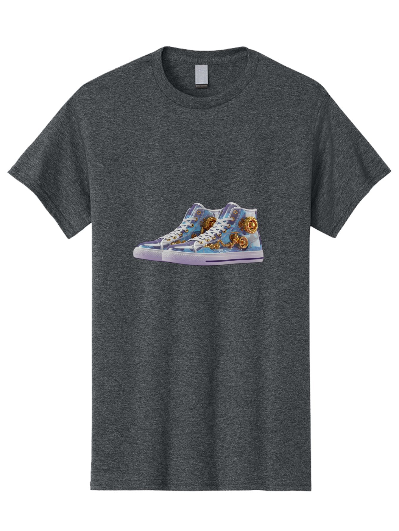 Sneakers-With-Gear-Pattern Men'S Graphic Tee, 100% Cotton, Comfortable Casual Summer Wear, Machine Washable, High-Top Sneakers, Blue And Purple Swirl, Gold Gears, Mechanical Design, White Laces, Fashion Footwear, Statement Shoes, Streetwear, Bab431