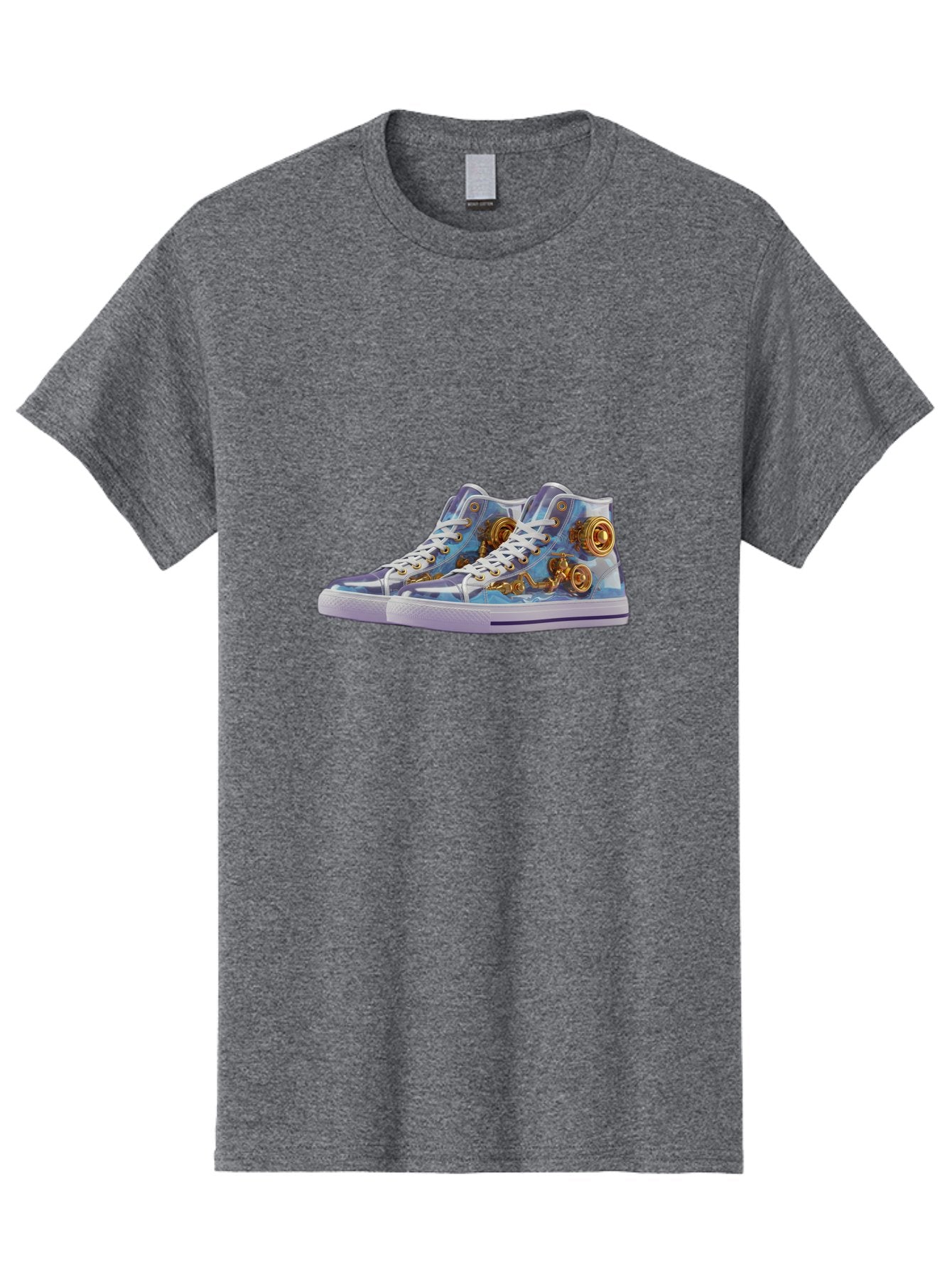 Sneakers-With-Gear-Pattern Men'S Graphic Tee, 100% Cotton, Comfortable Casual Summer Wear, Machine Washable, High-Top Sneakers, Blue And Purple Swirl, Gold Gears, Mechanical Design, White Laces, Fashion Footwear, Statement Shoes, Streetwear, Bab431 12