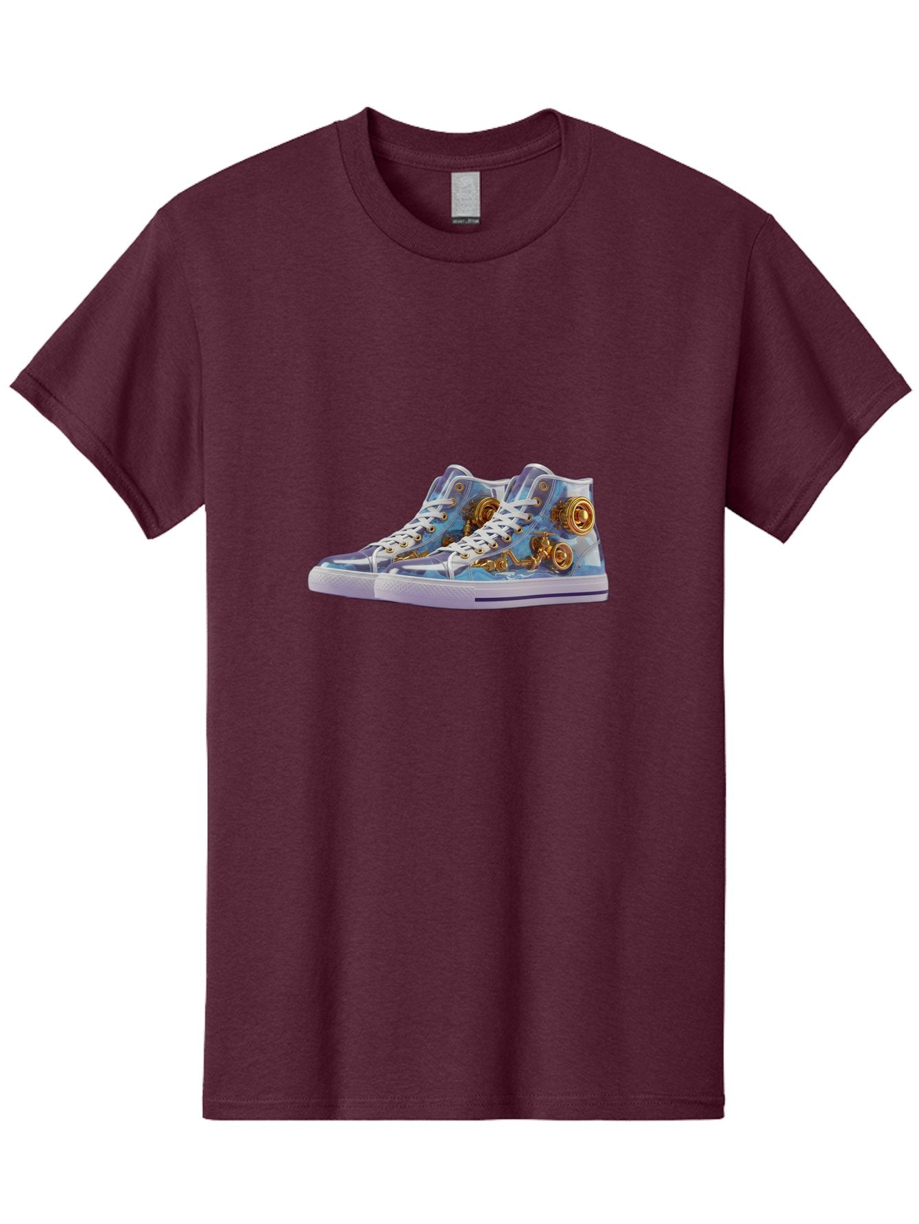 Sneakers-With-Gear-Pattern Men'S Graphic Tee, 100% Cotton, Comfortable Casual Summer Wear, Machine Washable, High-Top Sneakers, Blue And Purple Swirl, Gold Gears, Mechanical Design, White Laces, Fashion Footwear, Statement Shoes, Streetwear, Bab431 7