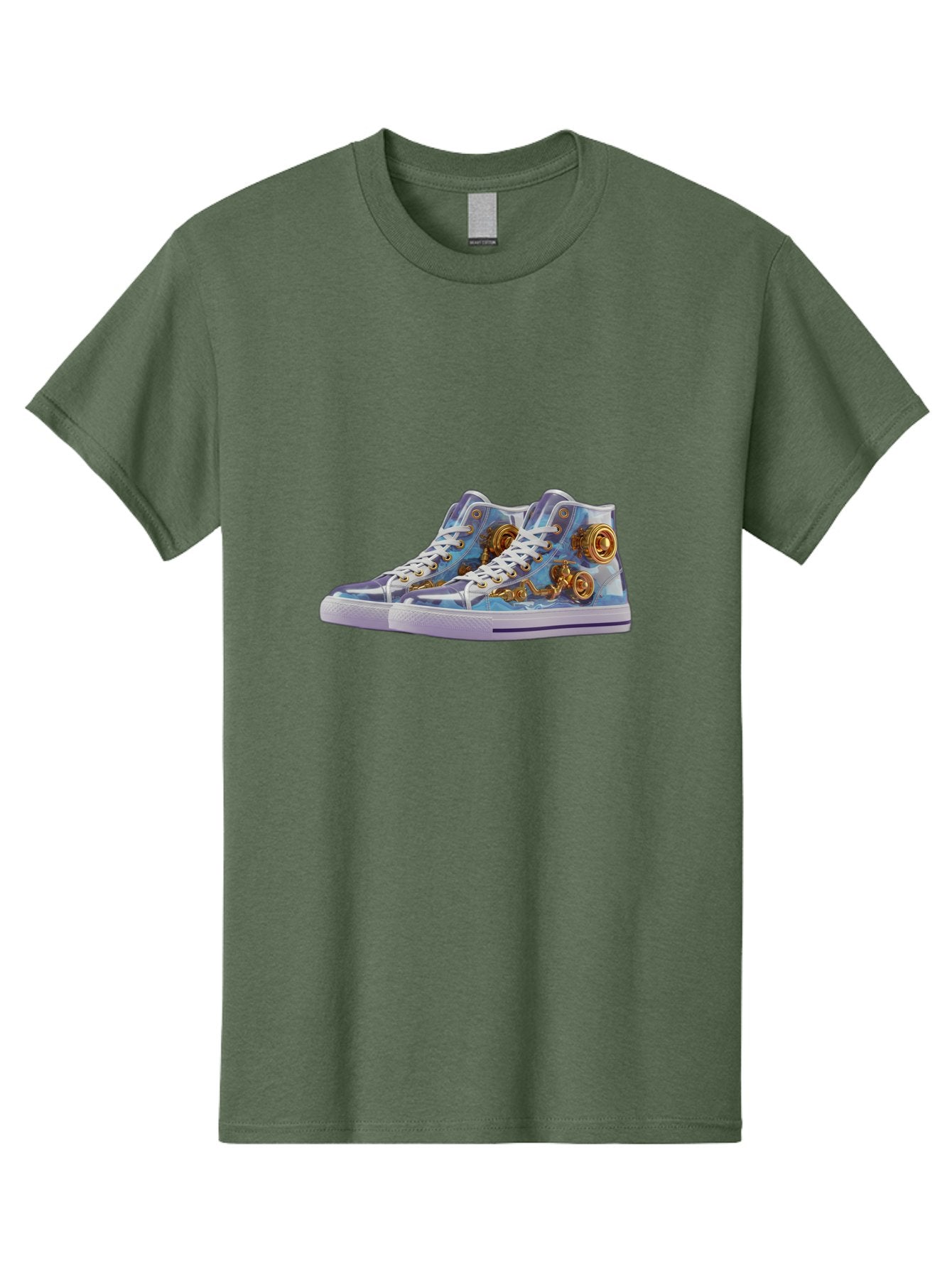 Sneakers-With-Gear-Pattern Men'S Graphic Tee, 100% Cotton, Comfortable Casual Summer Wear, Machine Washable, High-Top Sneakers, Blue And Purple Swirl, Gold Gears, Mechanical Design, White Laces, Fashion Footwear, Statement Shoes, Streetwear, Bab431 4