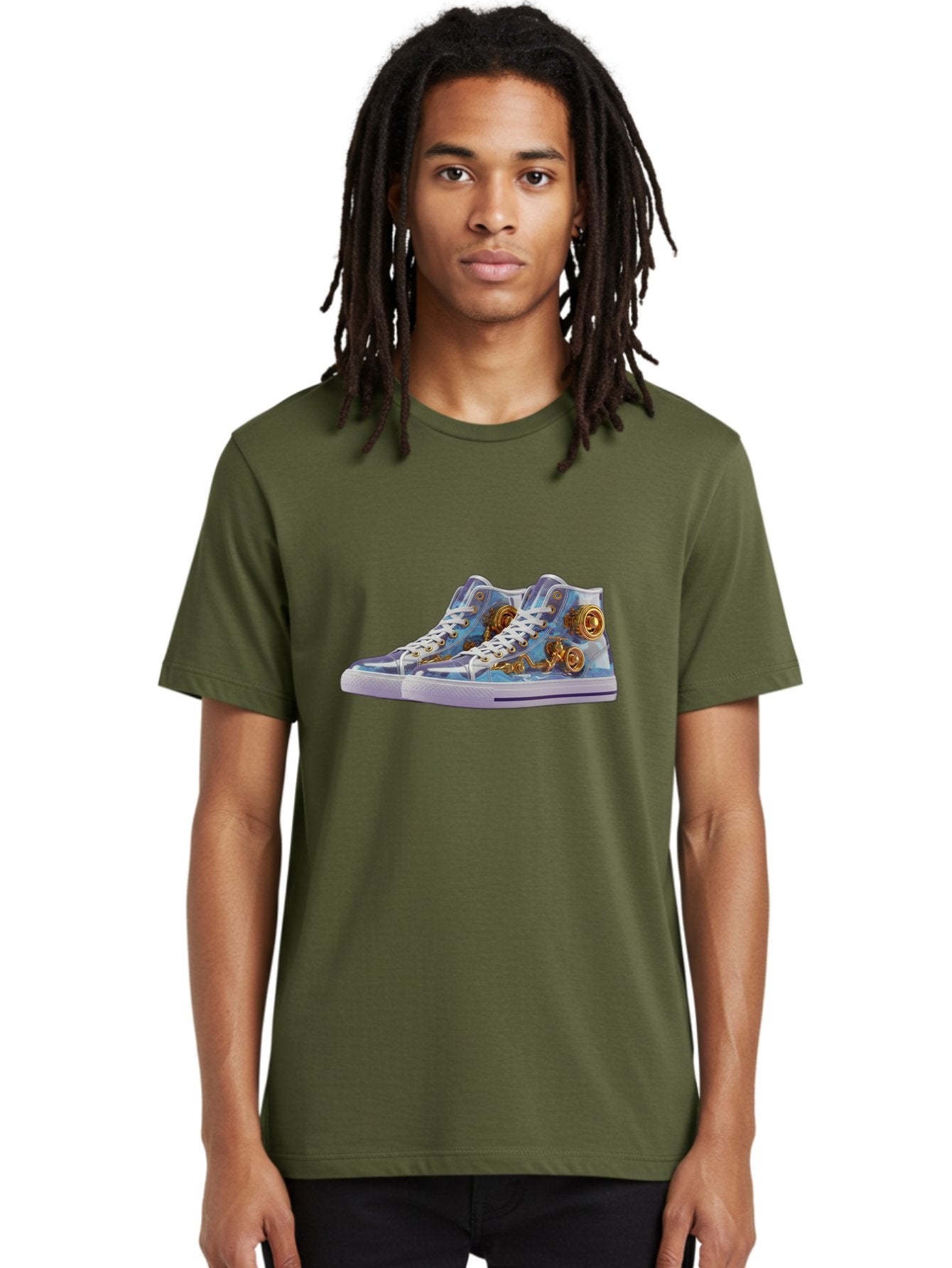 Sneakers-With-Gear-Pattern Men'S Graphic Tee, 100% Cotton, Comfortable Casual Summer Wear, Machine Washable, High-Top Sneakers, Blue And Purple Swirl, Gold Gears, Mechanical Design, White Laces, Fashion Footwear, Statement Shoes, Streetwear, Bab431 18