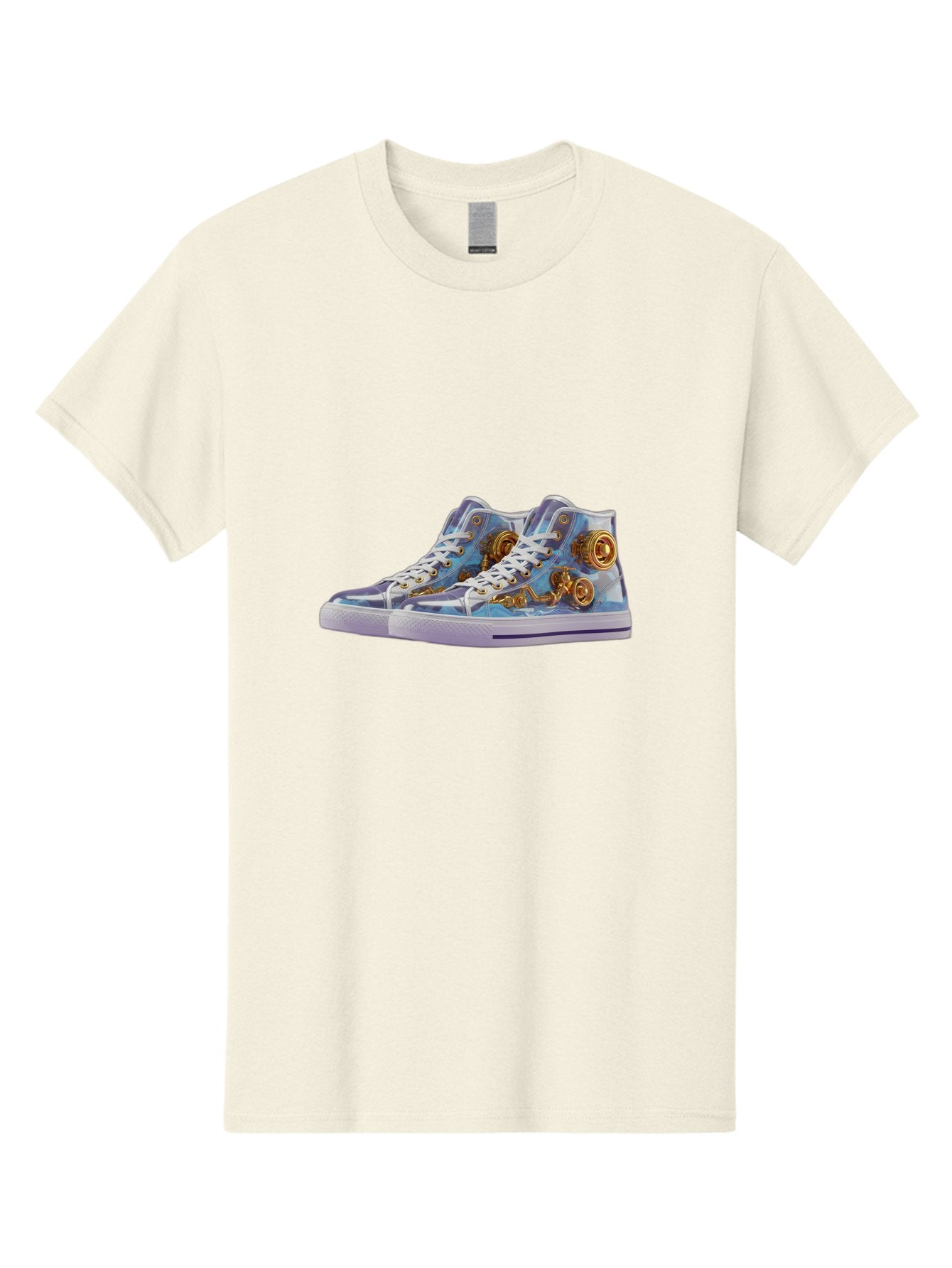 Sneakers-With-Gear-Pattern Men'S Graphic Tee, 100% Cotton, Comfortable Casual Summer Wear, Machine Washable, High-Top Sneakers, Blue And Purple Swirl, Gold Gears, Mechanical Design, White Laces, Fashion Footwear, Statement Shoes, Streetwear, Bab431 6
