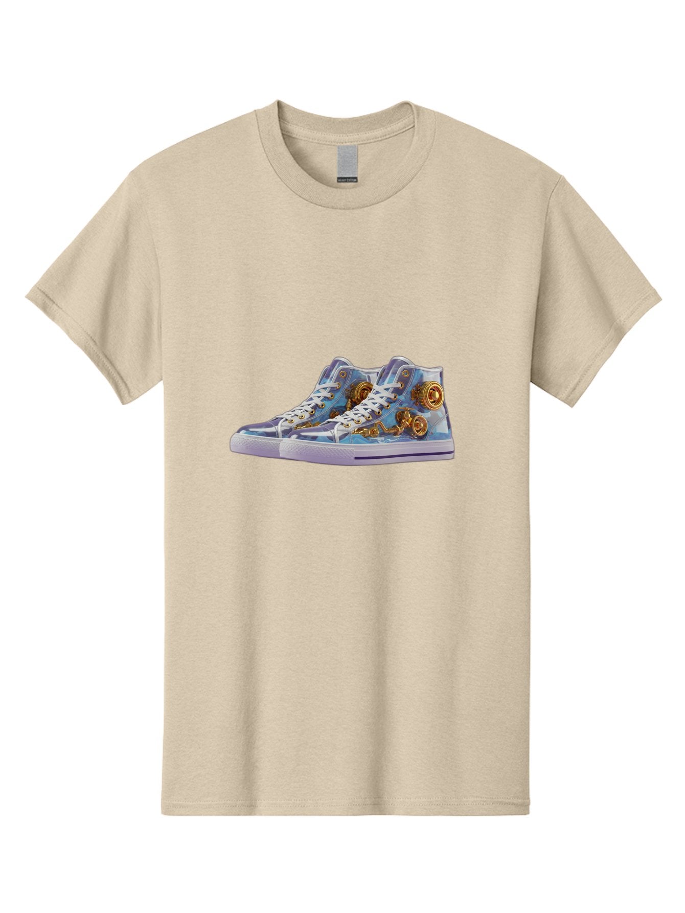 Sneakers-With-Gear-Pattern Men'S Graphic Tee, 100% Cotton, Comfortable Casual Summer Wear, Machine Washable, High-Top Sneakers, Blue And Purple Swirl, Gold Gears, Mechanical Design, White Laces, Fashion Footwear, Statement Shoes, Streetwear, Bab431 11