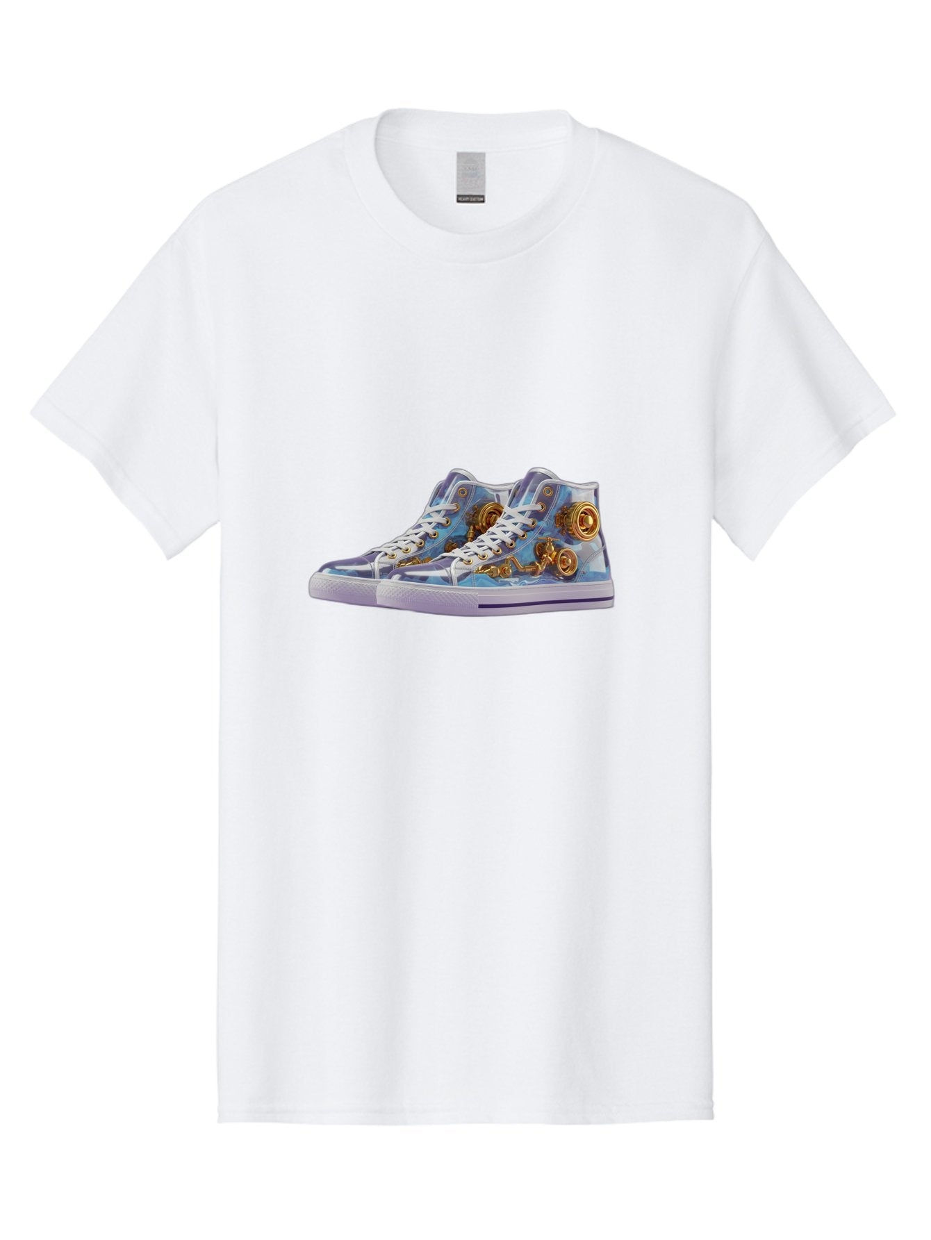 Sneakers-With-Gear-Pattern Men'S Graphic Tee, 100% Cotton, Comfortable Casual Summer Wear, Machine Washable, High-Top Sneakers, Blue And Purple Swirl, Gold Gears, Mechanical Design, White Laces, Fashion Footwear, Statement Shoes, Streetwear, Bab431 13