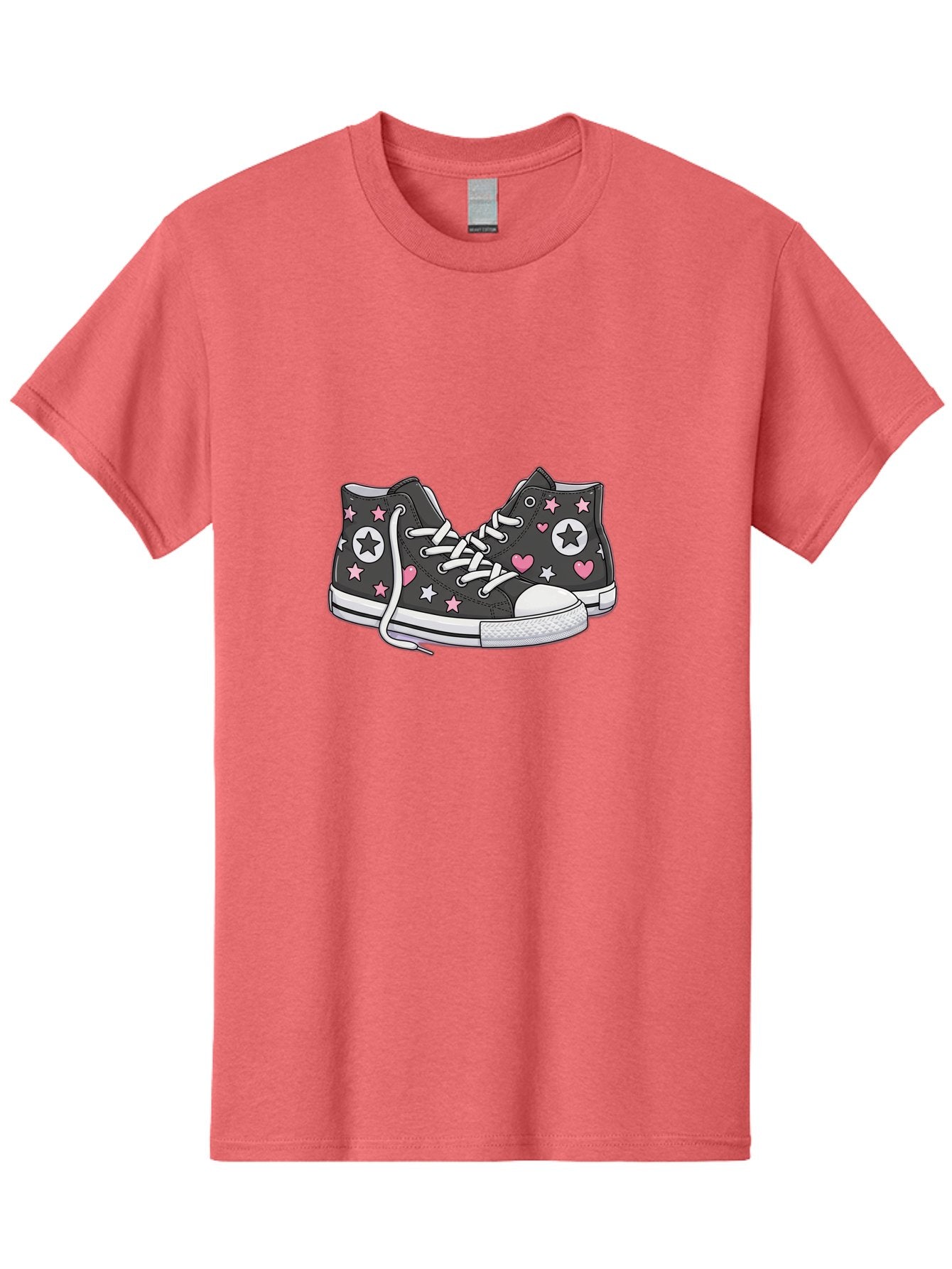 Sneakers-With-Stars-And-Hearts Men'S Graphic Tee, 100% Cotton, Comfortable Casual Summer Wear, Machine Washable, Custom Sneakers, Star And Heart Designs, Fashion Footwear, Casual Wear, Pink And White Accents, Sneaker Art, Street Style, Bab432 6