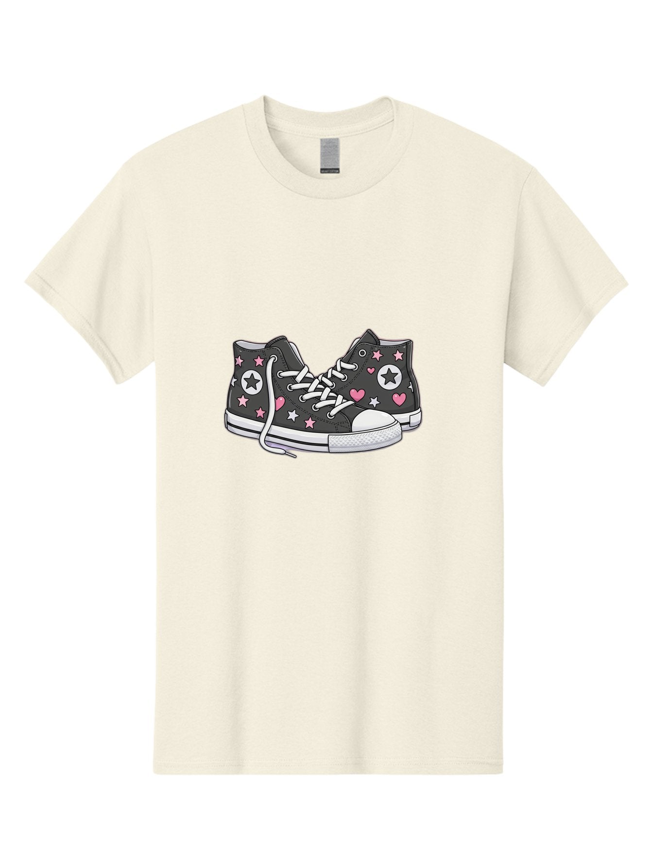 Sneakers-With-Stars-And-Hearts Men'S Graphic Tee, 100% Cotton, Comfortable Casual Summer Wear, Machine Washable, Custom Sneakers, Star And Heart Designs, Fashion Footwear, Casual Wear, Pink And White Accents, Sneaker Art, Street Style, Bab432 13