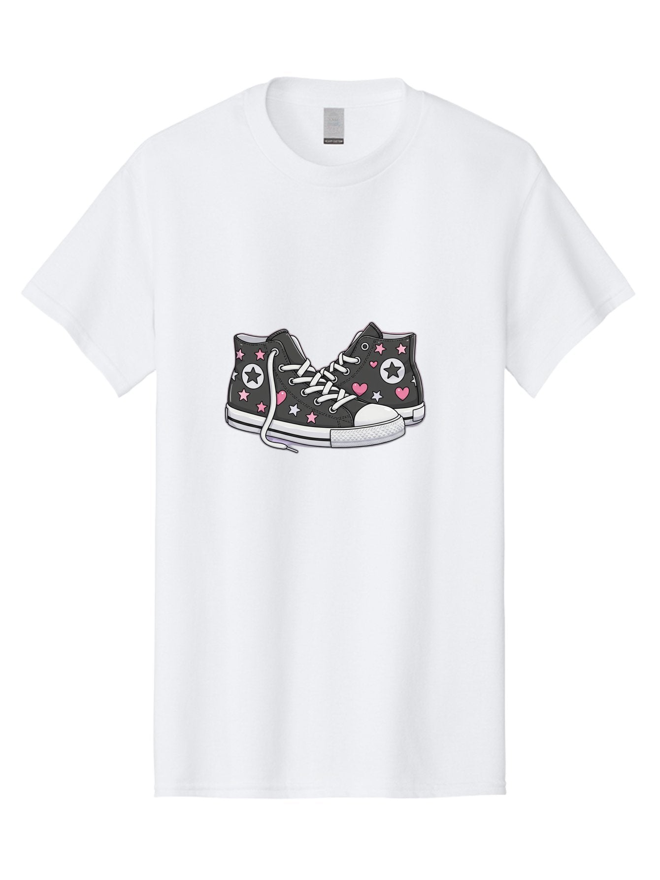Sneakers-With-Stars-And-Hearts Men'S Graphic Tee, 100% Cotton, Comfortable Casual Summer Wear, Machine Washable, Custom Sneakers, Star And Heart Designs, Fashion Footwear, Casual Wear, Pink And White Accents, Sneaker Art, Street Style, Bab432 15