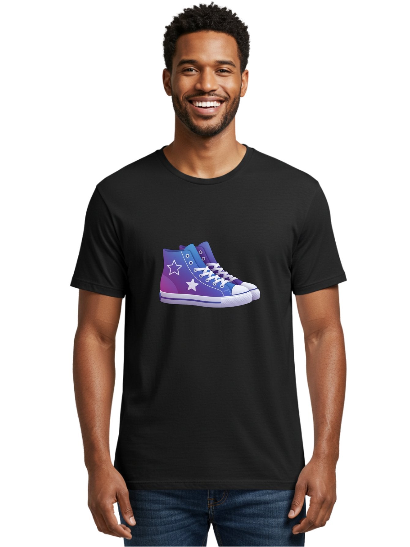 Sneakers-With-Stars Men'S Graphic Tee, 100% Cotton, Comfortable Casual Summer Wear, Machine Washable, Sneakers With Star Design, Purple Sneakers, Blue Sneakers, White Laces, Gradient Effect, Colorful Footwear, Streetwear Style, Casual Shoes, Bab433 26