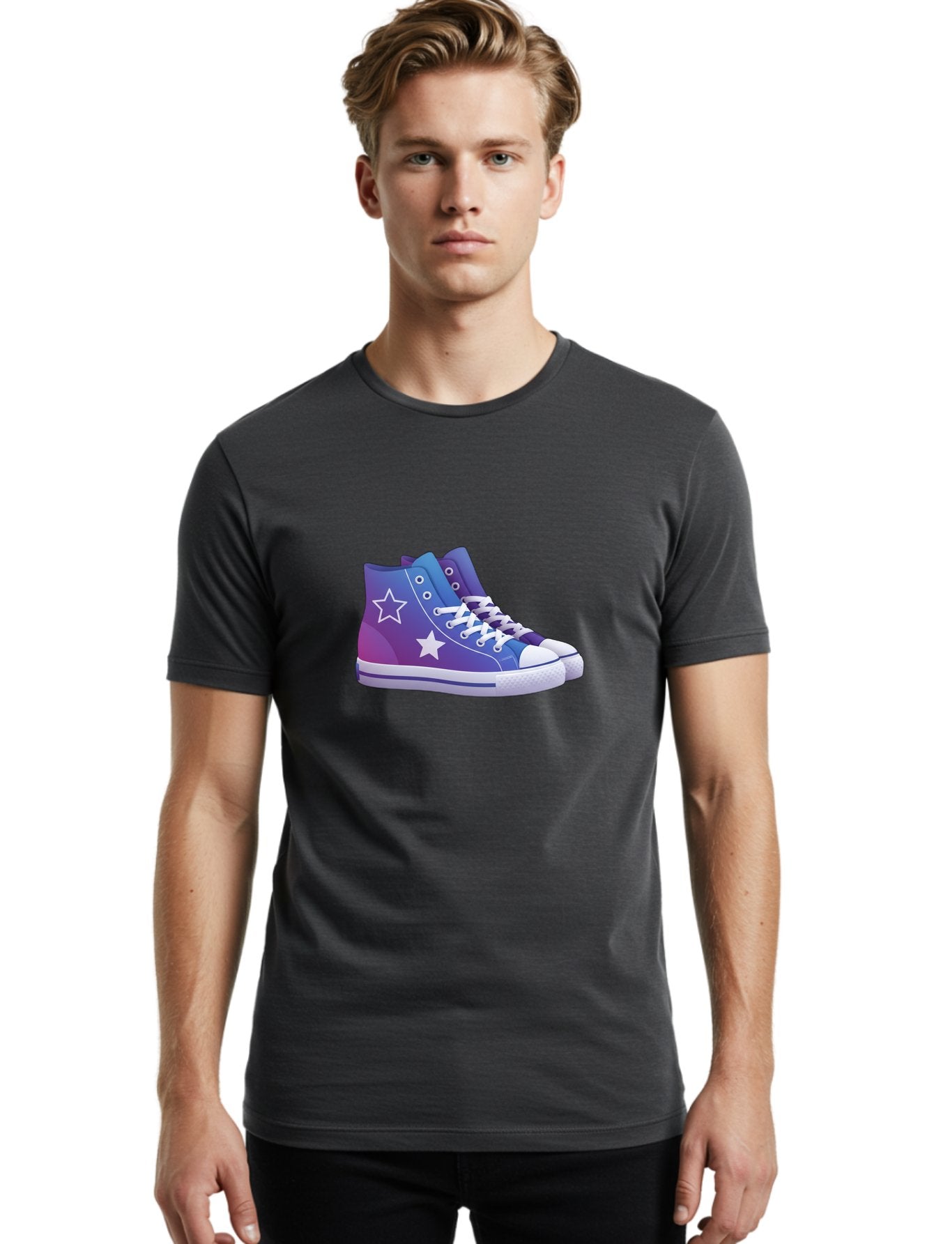 Sneakers-With-Stars Men'S Graphic Tee, 100% Cotton, Comfortable Casual Summer Wear, Machine Washable, Sneakers With Star Design, Purple Sneakers, Blue Sneakers, White Laces, Gradient Effect, Colorful Footwear, Streetwear Style, Casual Shoes, Bab433 22
