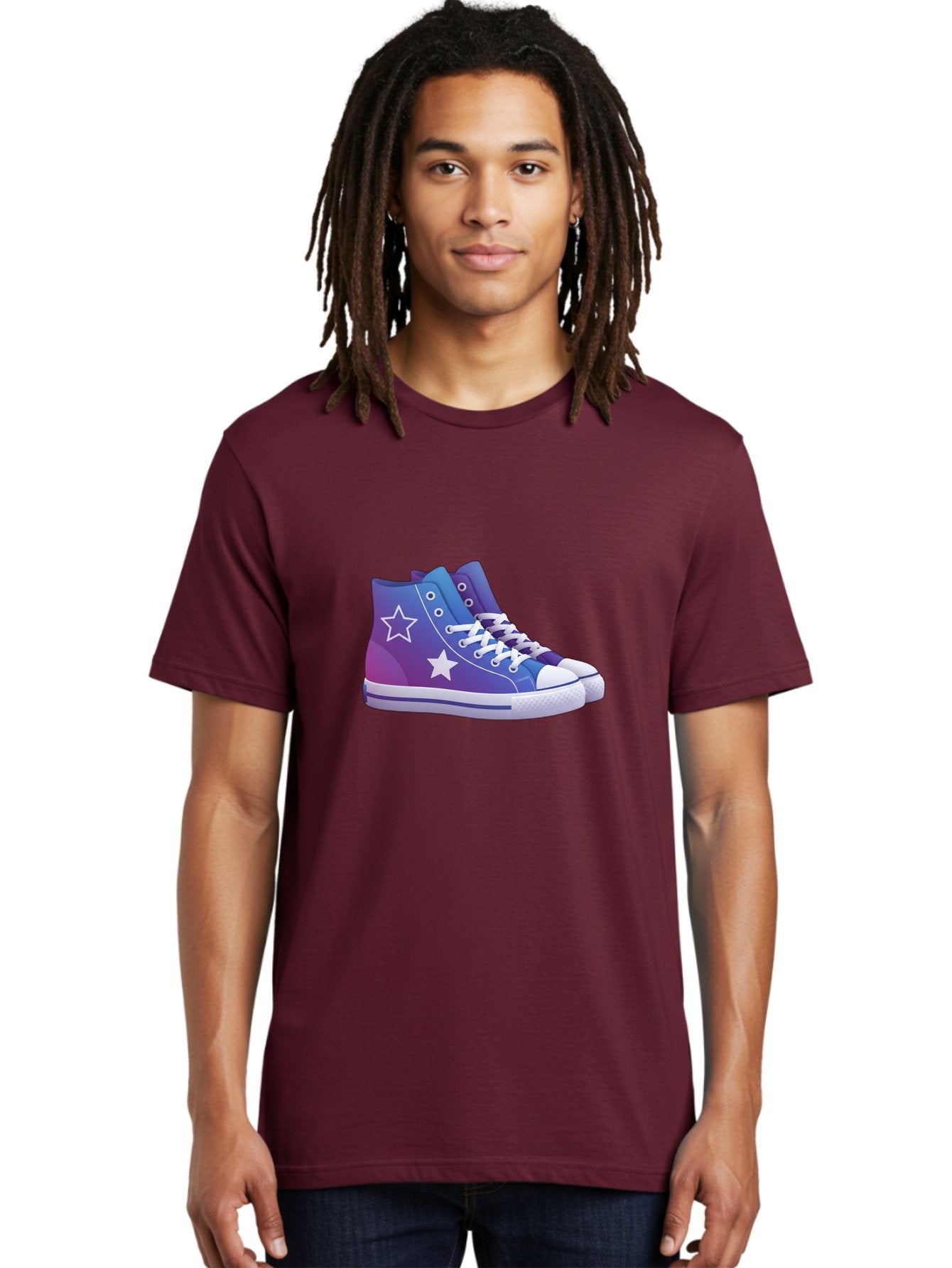 Sneakers-With-Stars Men'S Graphic Tee, 100% Cotton, Comfortable Casual Summer Wear, Machine Washable, Sneakers With Star Design, Purple Sneakers, Blue Sneakers, White Laces, Gradient Effect, Colorful Footwear, Streetwear Style, Casual Shoes, Bab433 21