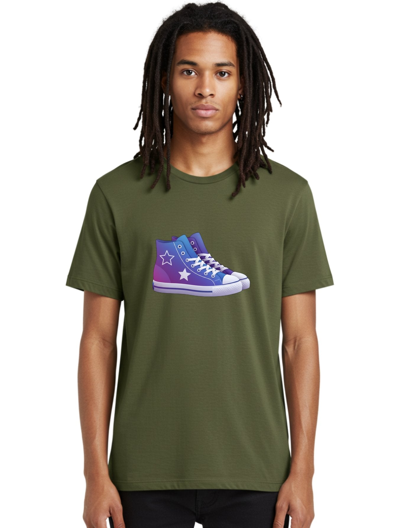 Sneakers-With-Stars Men'S Graphic Tee, 100% Cotton, Comfortable Casual Summer Wear, Machine Washable, Sneakers With Star Design, Purple Sneakers, Blue Sneakers, White Laces, Gradient Effect, Colorful Footwear, Streetwear Style, Casual Shoes, Bab433 30