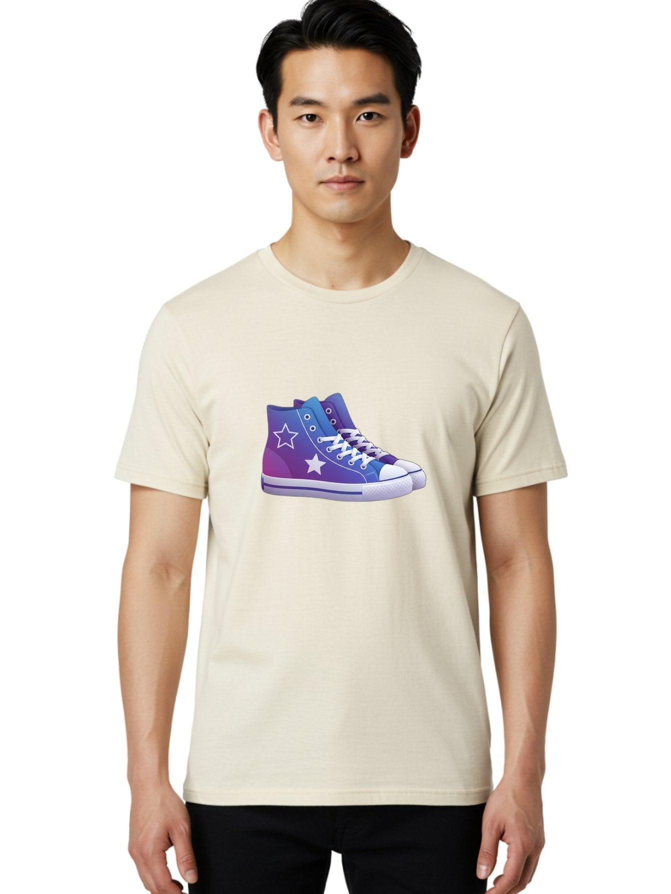 Sneakers-With-Stars Men'S Graphic Tee, 100% Cotton, Comfortable Casual Summer Wear, Machine Washable, Sneakers With Star Design, Purple Sneakers, Blue Sneakers, White Laces, Gradient Effect, Colorful Footwear, Streetwear Style, Casual Shoes, Bab433 17