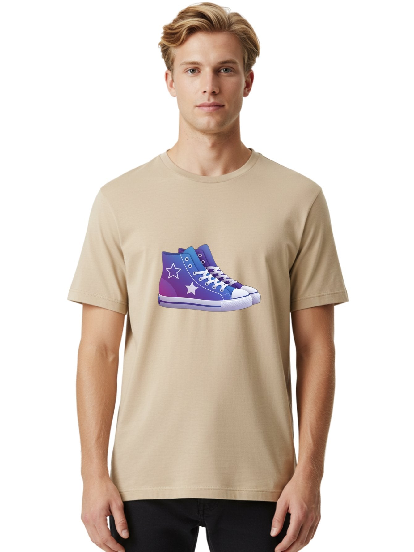 Sneakers-With-Stars Men'S Graphic Tee, 100% Cotton, Comfortable Casual Summer Wear, Machine Washable, Sneakers With Star Design, Purple Sneakers, Blue Sneakers, White Laces, Gradient Effect, Colorful Footwear, Streetwear Style, Casual Shoes, Bab433 20